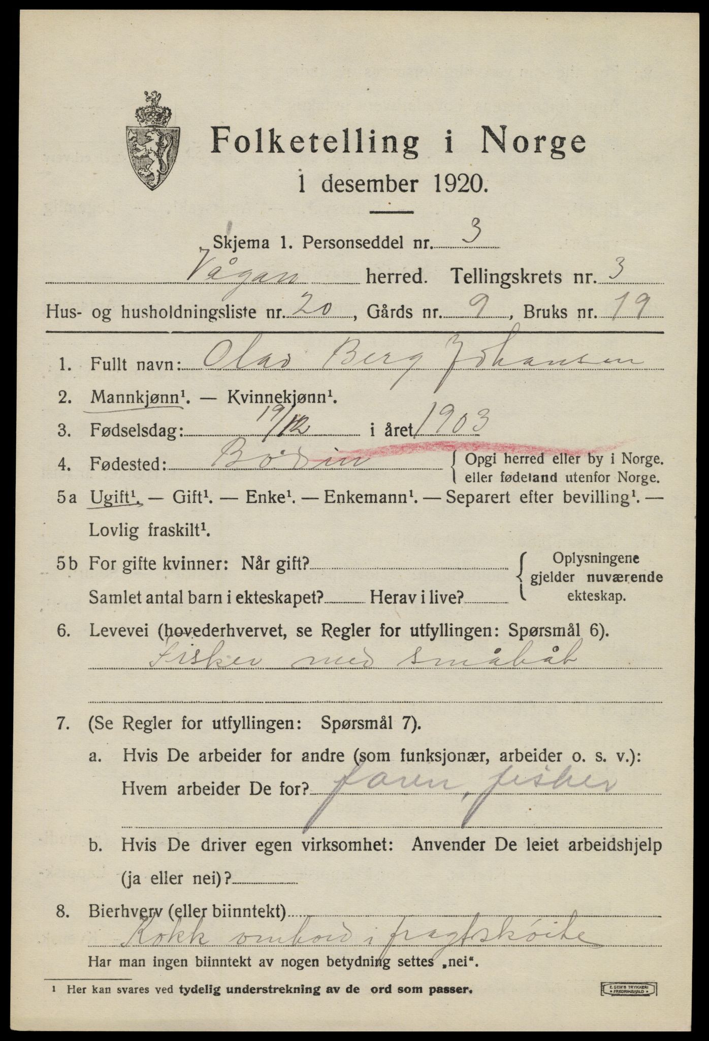 SAT, 1920 census for Vågan, 1920, p. 2823