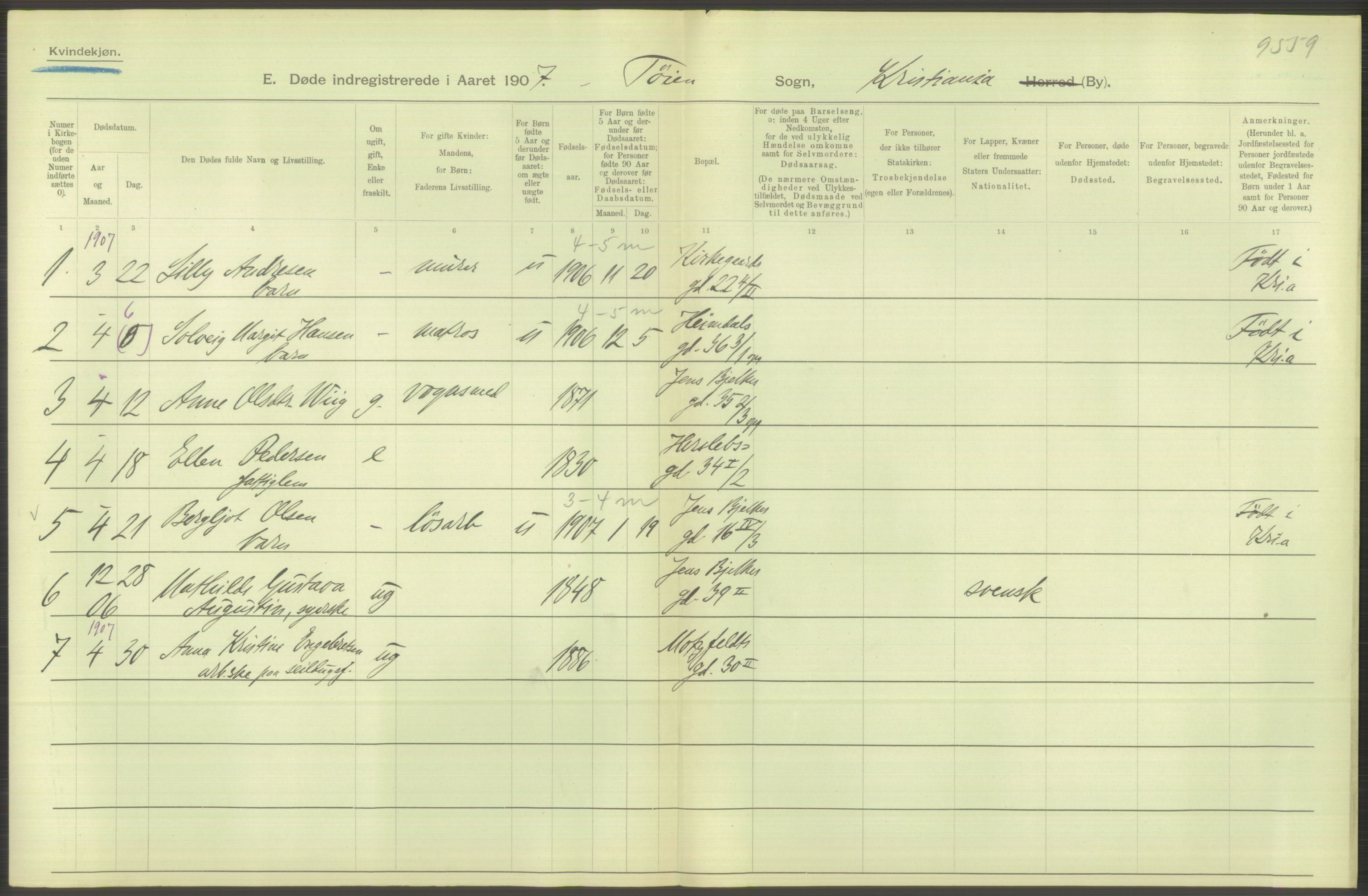 Statistisk sentralbyrå, Sosiodemografiske emner, Befolkning, RA/S-2228/D/Df/Dfa/Dfae/L0009: Kristiania: Døde, 1907, p. 564