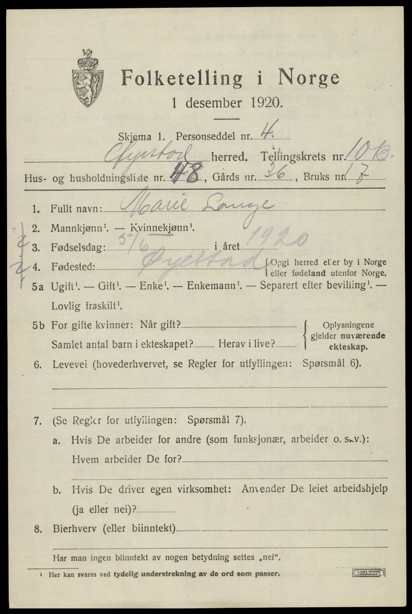 SAK, 1920 census for Øyestad, 1920, p. 6944