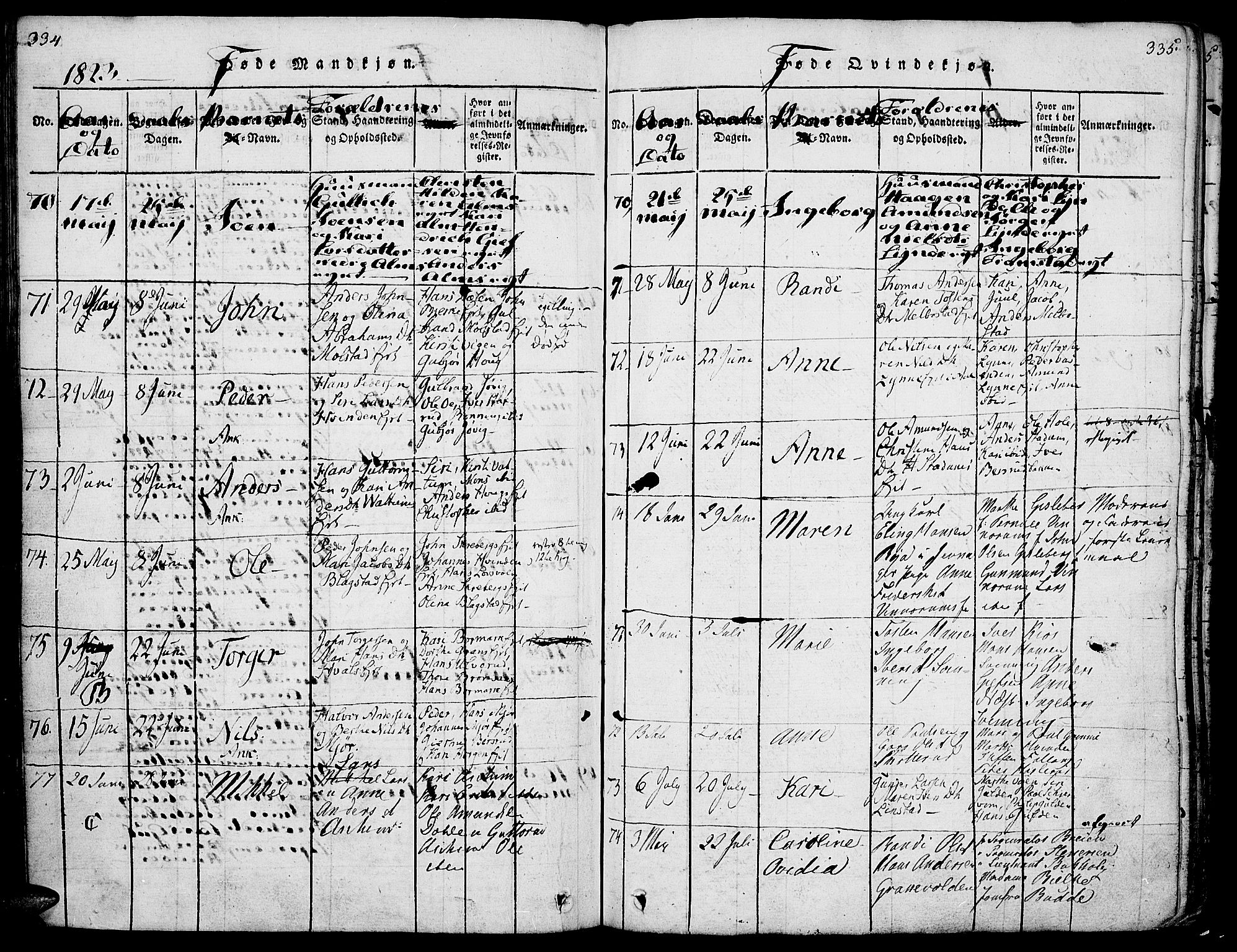 Gran prestekontor, SAH/PREST-112/H/Ha/Haa/L0009: Parish register (official) no. 9, 1815-1824, p. 334-335