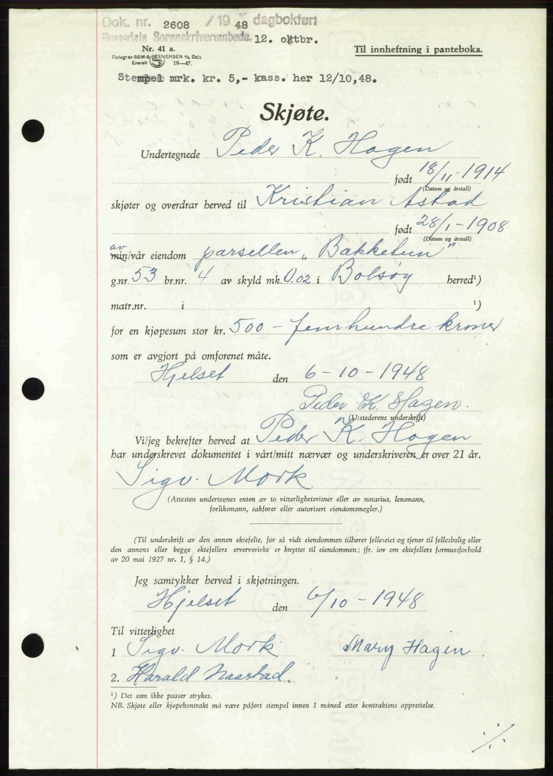 Romsdal sorenskriveri, AV/SAT-A-4149/1/2/2C: Mortgage book no. A27, 1948-1948, Diary no: : 2608/1948