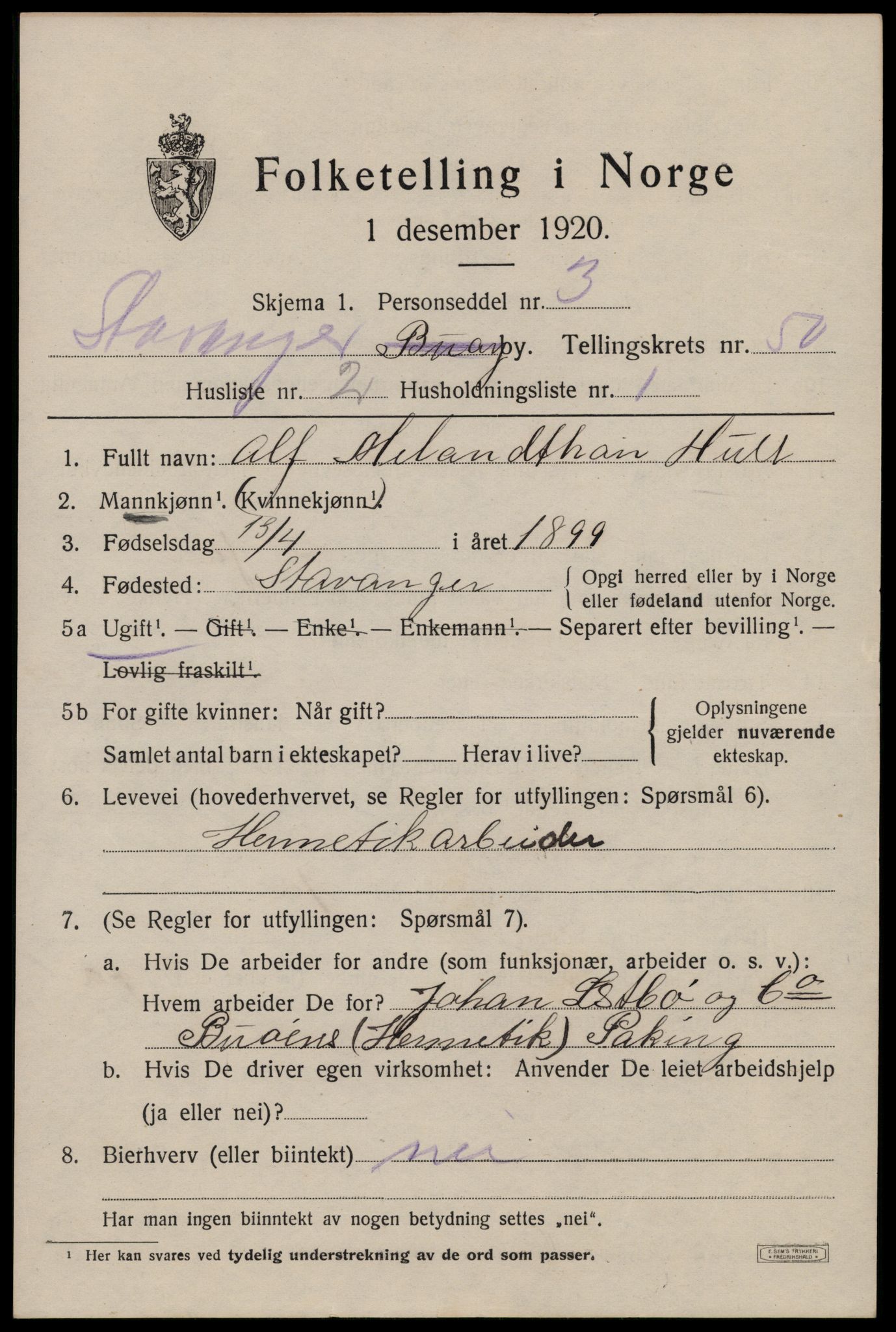 SAST, 1920 census for Stavanger, 1920, p. 119882