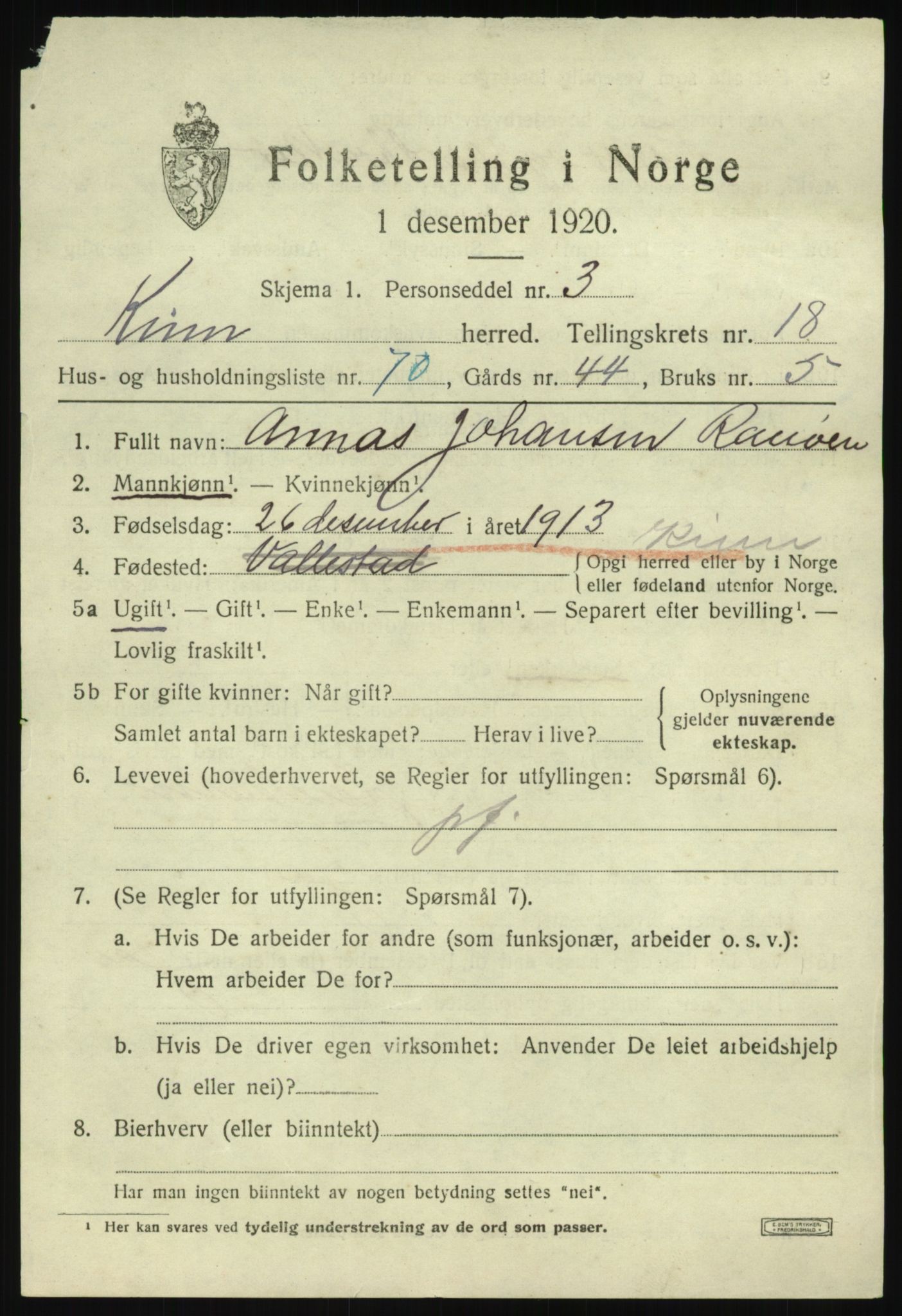 SAB, 1920 census for Kinn, 1920, p. 6989