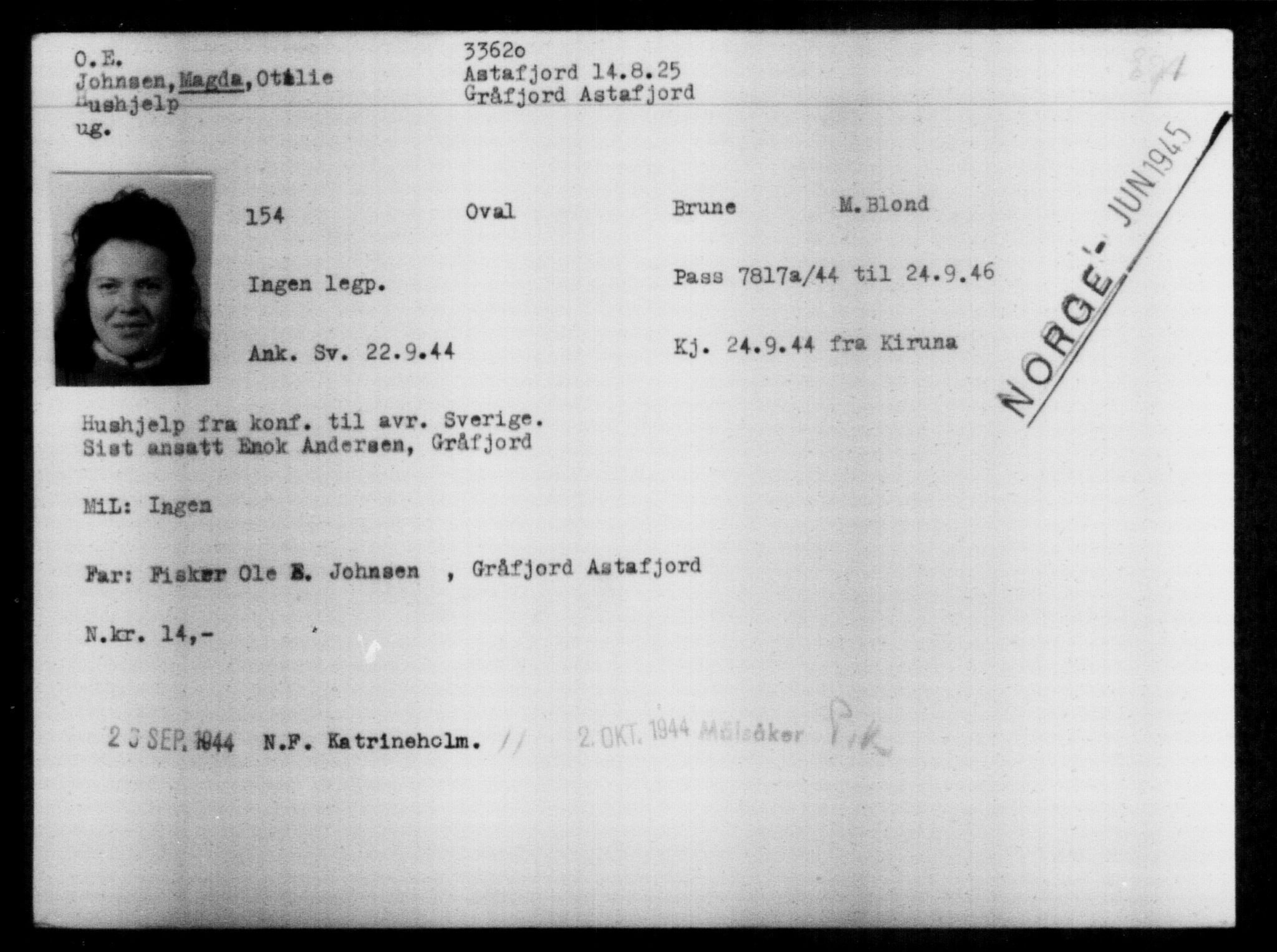 Utenriksstasjonene, Legasjonen i Stockholm, Flyktningkontoret, AV/RA-S-6753/V/Va/L0013: Kjesäterkartoteket, flyktninger med registreringsnr. 31500-34731, 1940-1945, p. 2238
