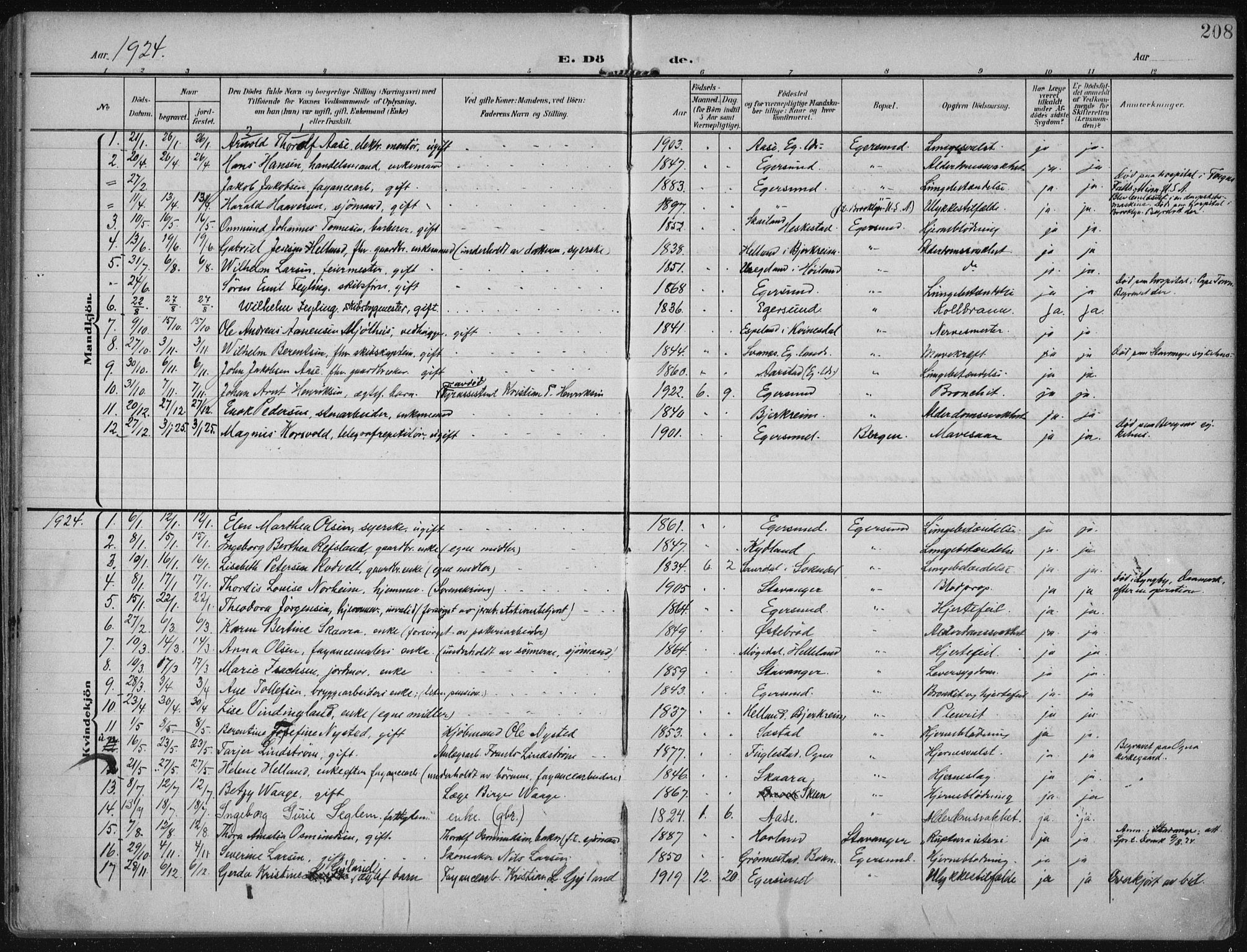 Eigersund sokneprestkontor, SAST/A-101807/S08/L0022: Parish register (official) no. A 21, 1905-1928, p. 208