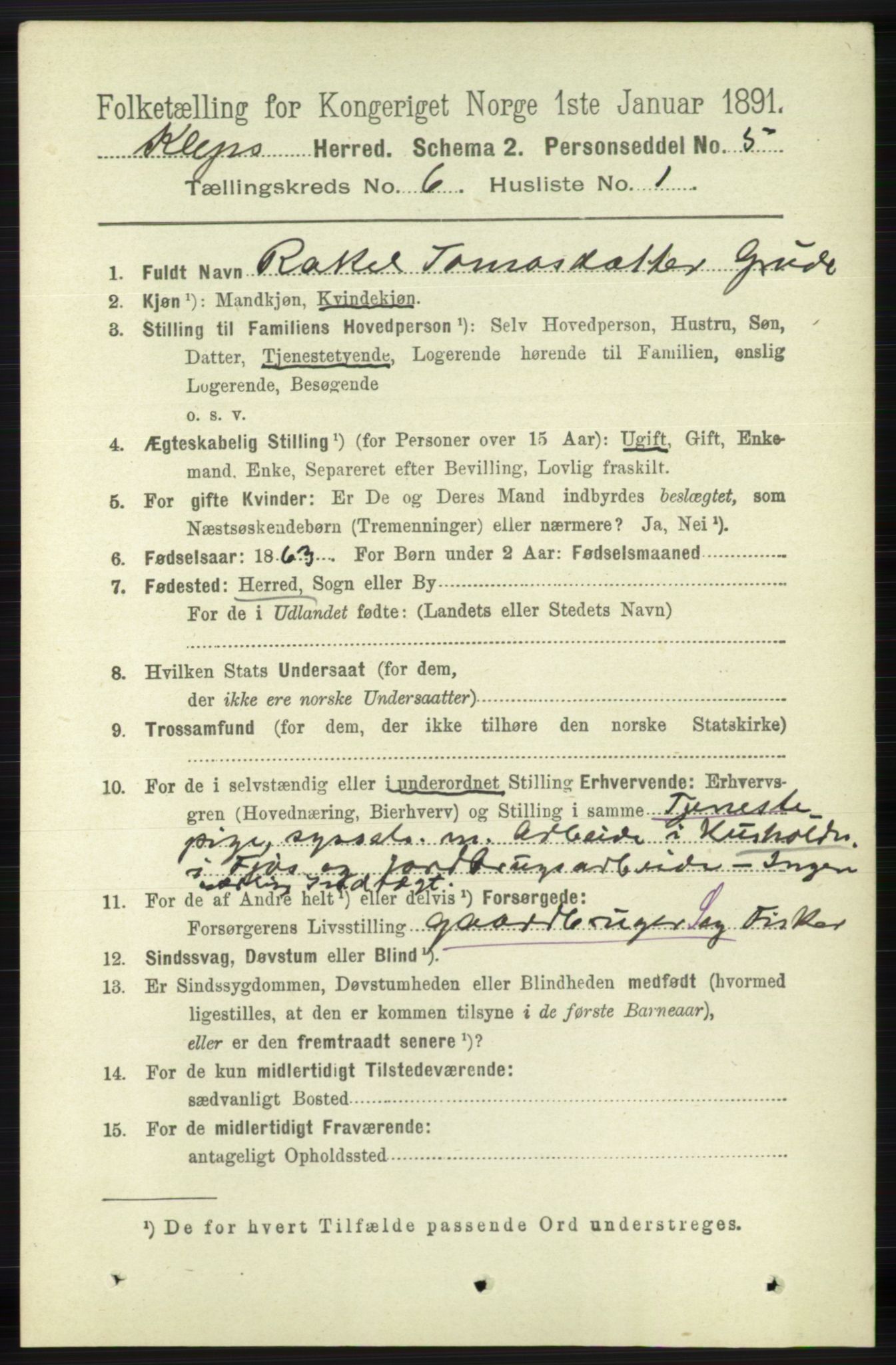 RA, 1891 census for 1120 Klepp, 1891, p. 1720