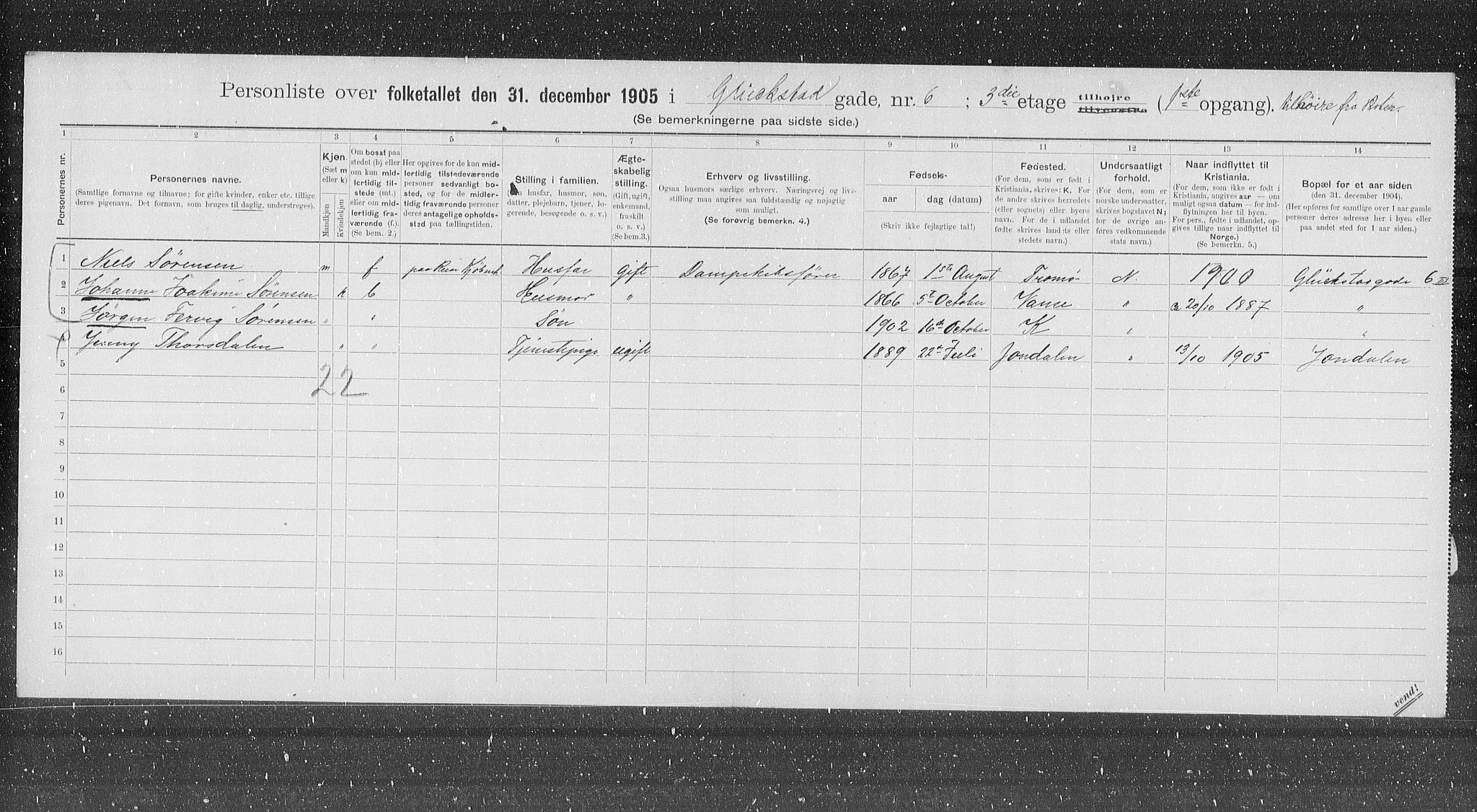 OBA, Municipal Census 1905 for Kristiania, 1905, p. 15285