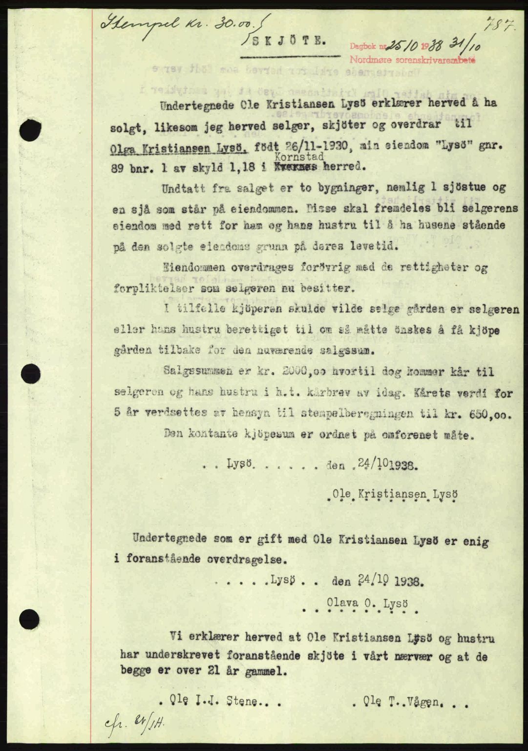 Nordmøre sorenskriveri, SAT/A-4132/1/2/2Ca: Mortgage book no. A84, 1938-1938, Diary no: : 2510/1938