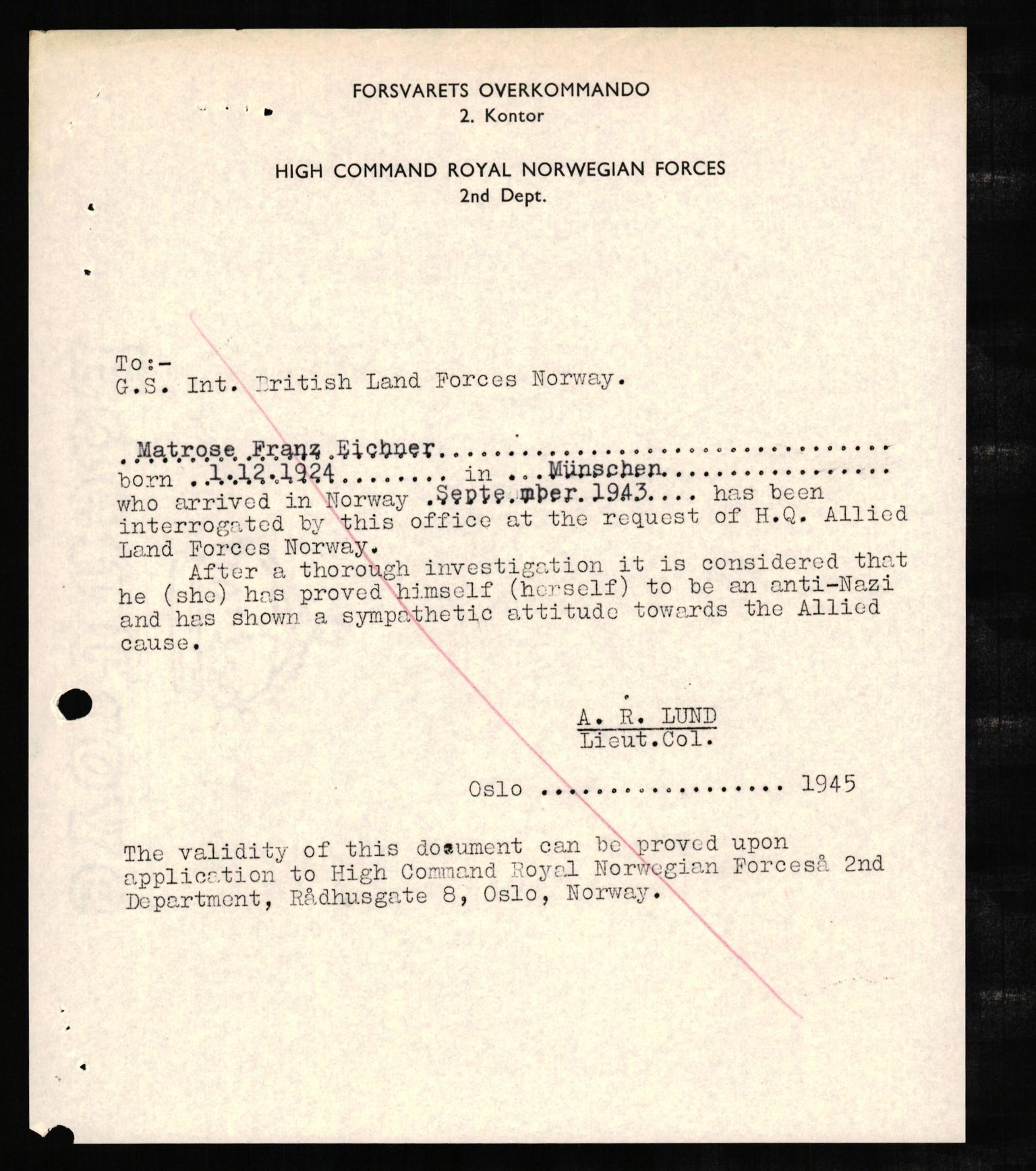 Forsvaret, Forsvarets overkommando II, AV/RA-RAFA-3915/D/Db/L0007: CI Questionaires. Tyske okkupasjonsstyrker i Norge. Tyskere., 1945-1946, p. 114