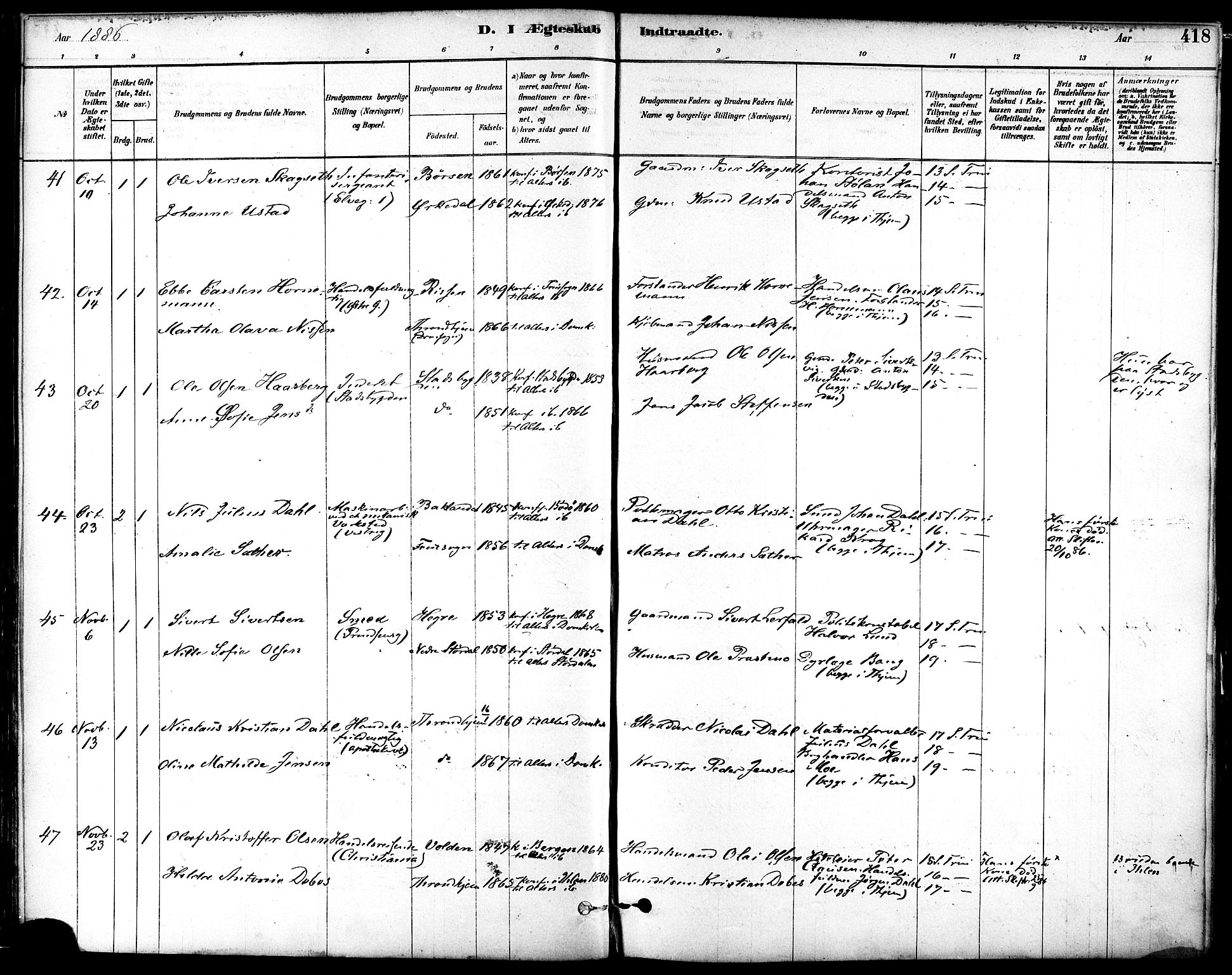 Ministerialprotokoller, klokkerbøker og fødselsregistre - Sør-Trøndelag, AV/SAT-A-1456/601/L0058: Parish register (official) no. 601A26, 1877-1891, p. 418