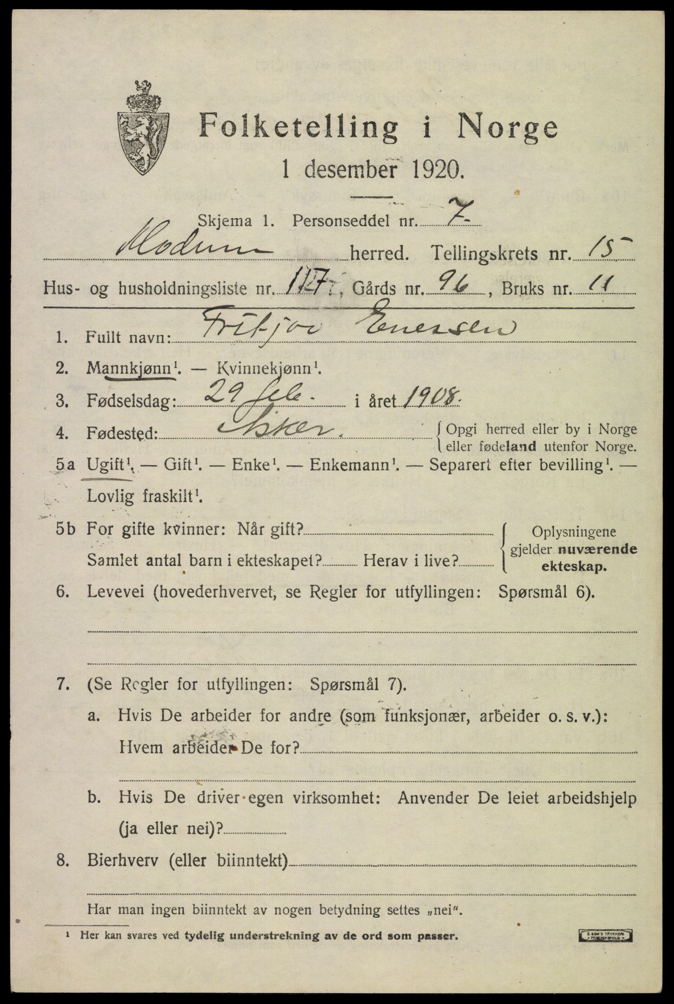 SAKO, 1920 census for Modum, 1920, p. 19415