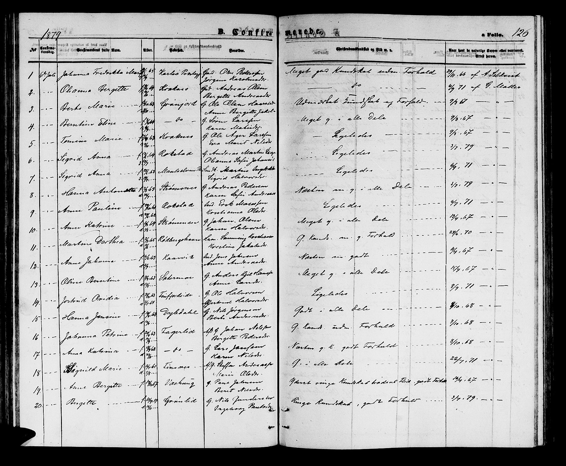 Lenvik sokneprestembete, AV/SATØ-S-1310/H/Ha/Hab/L0005klokker: Parish register (copy) no. 5, 1870-1880, p. 126