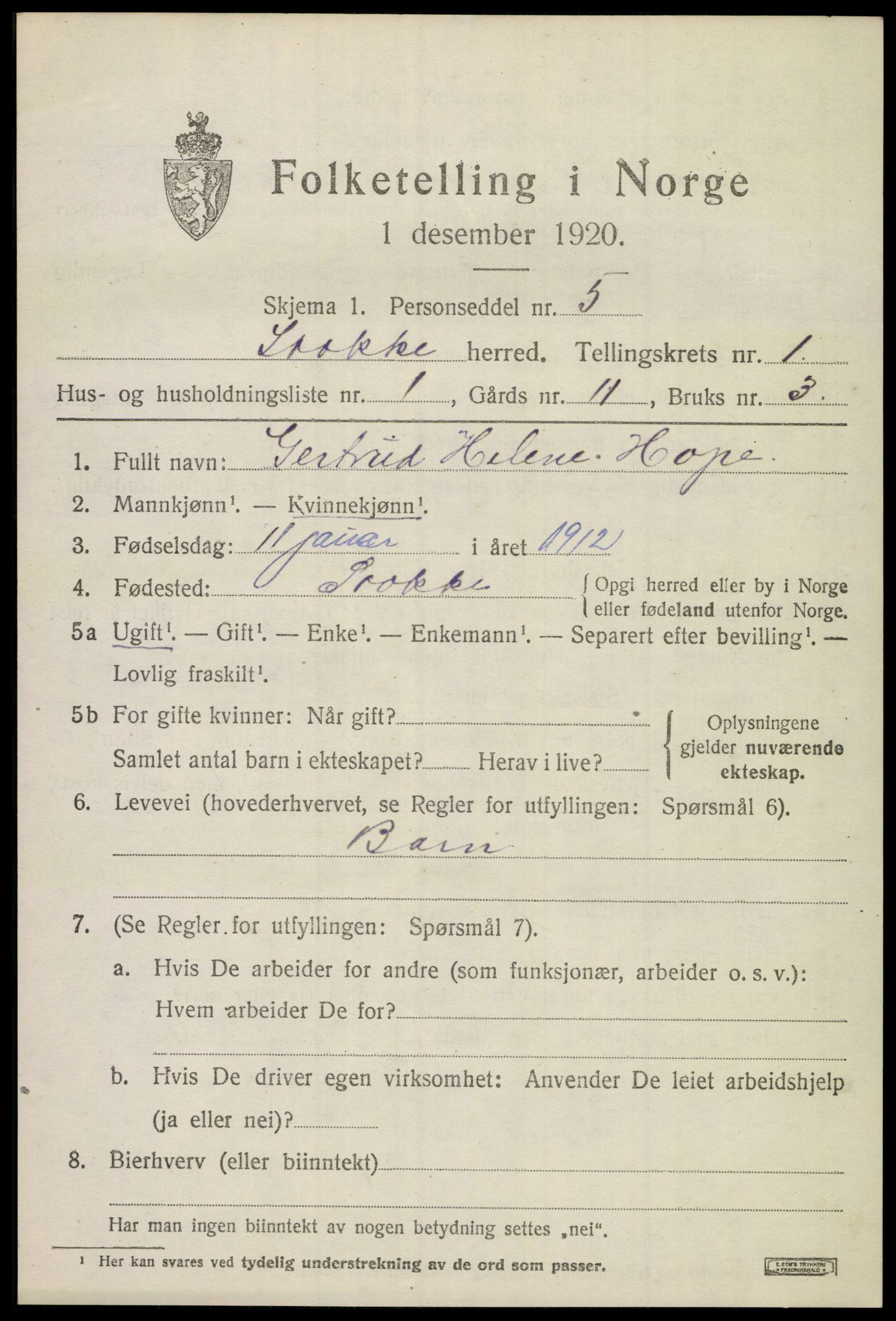 SAKO, 1920 census for Stokke, 1920, p. 2044