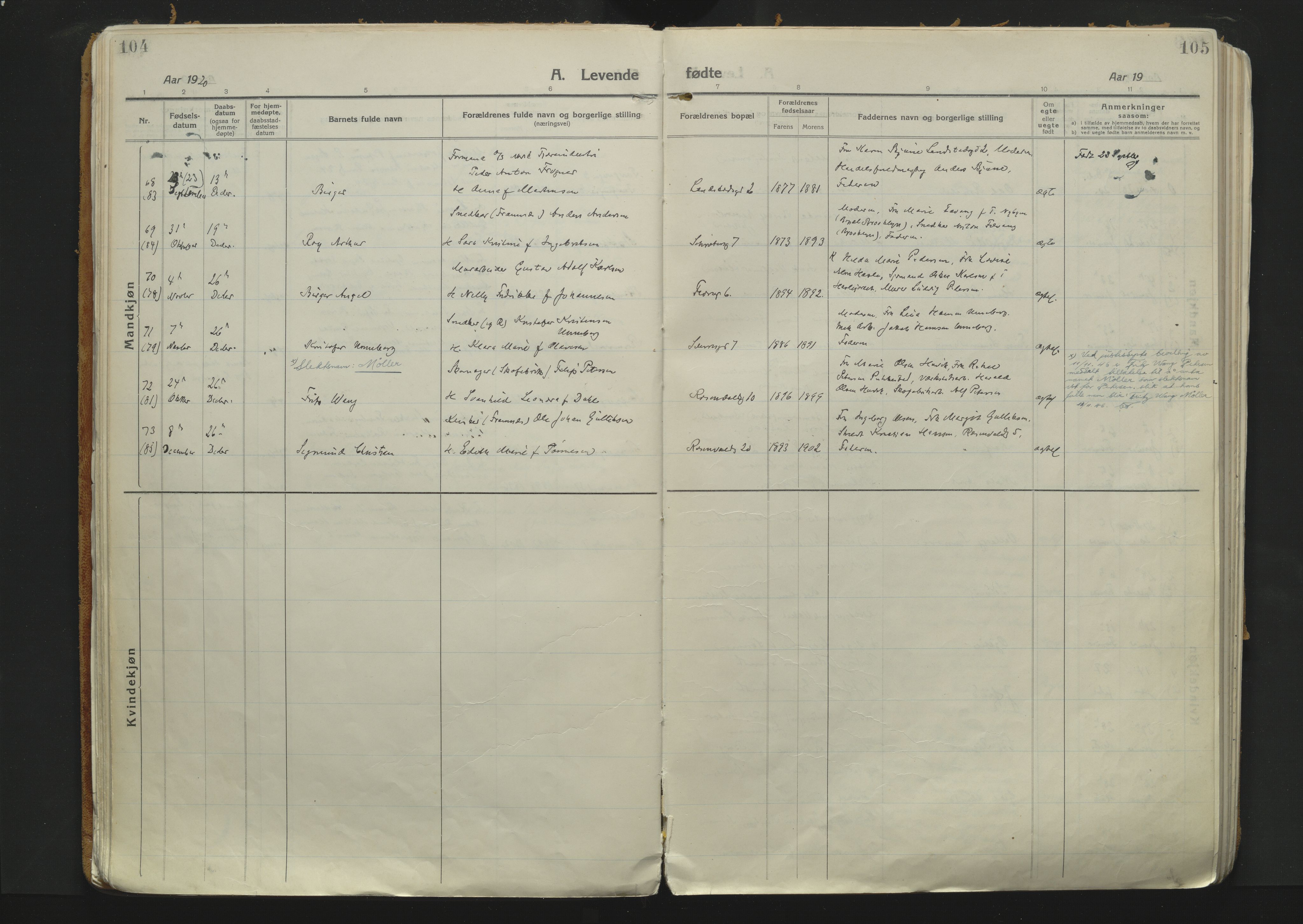 Sandefjord kirkebøker, SAKO/A-315/F/Fa/L0007: Parish register (official) no. 7, 1916-1930, p. 104-105
