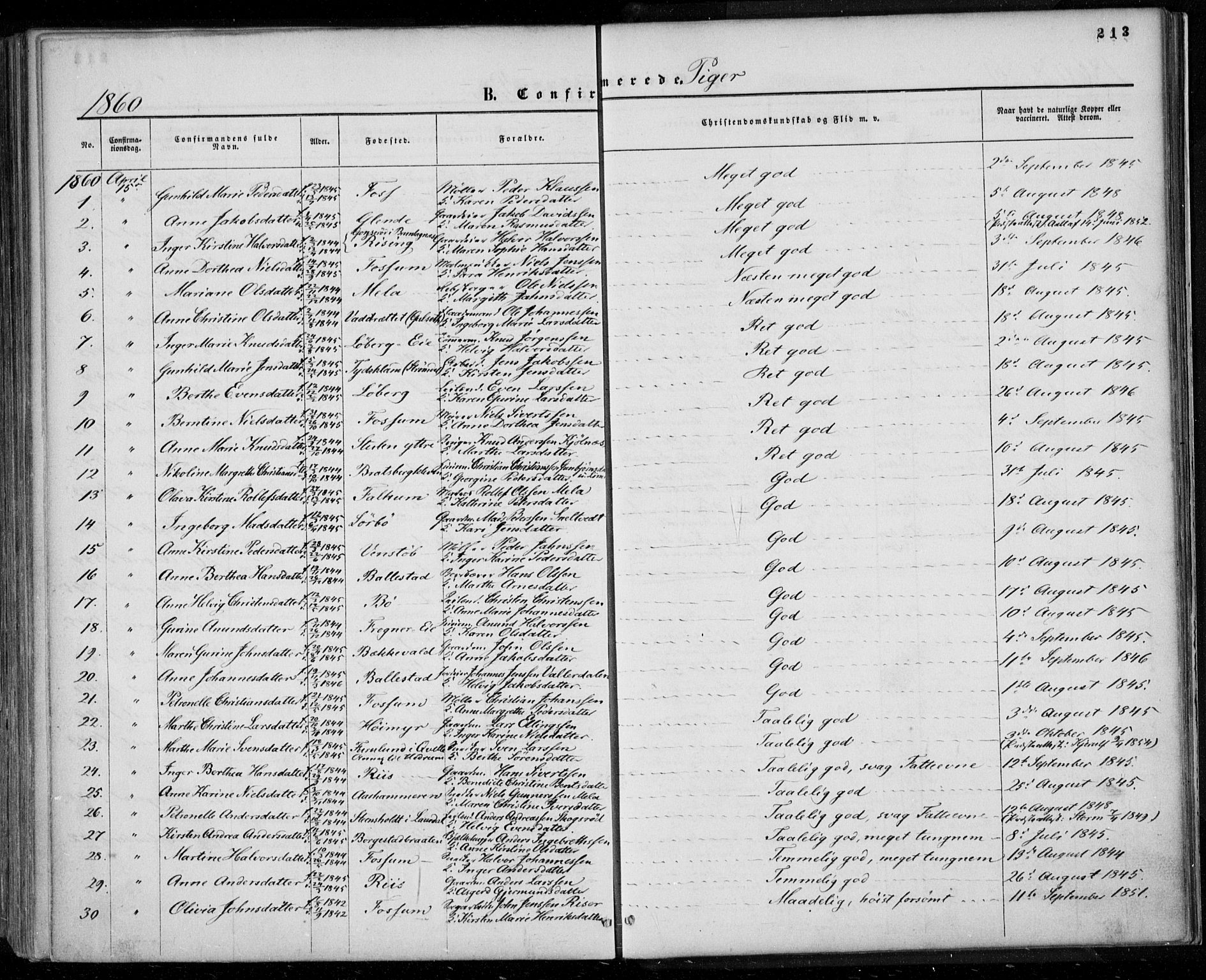 Gjerpen kirkebøker, SAKO/A-265/F/Fa/L0008a: Parish register (official) no. I 8A, 1857-1871, p. 213