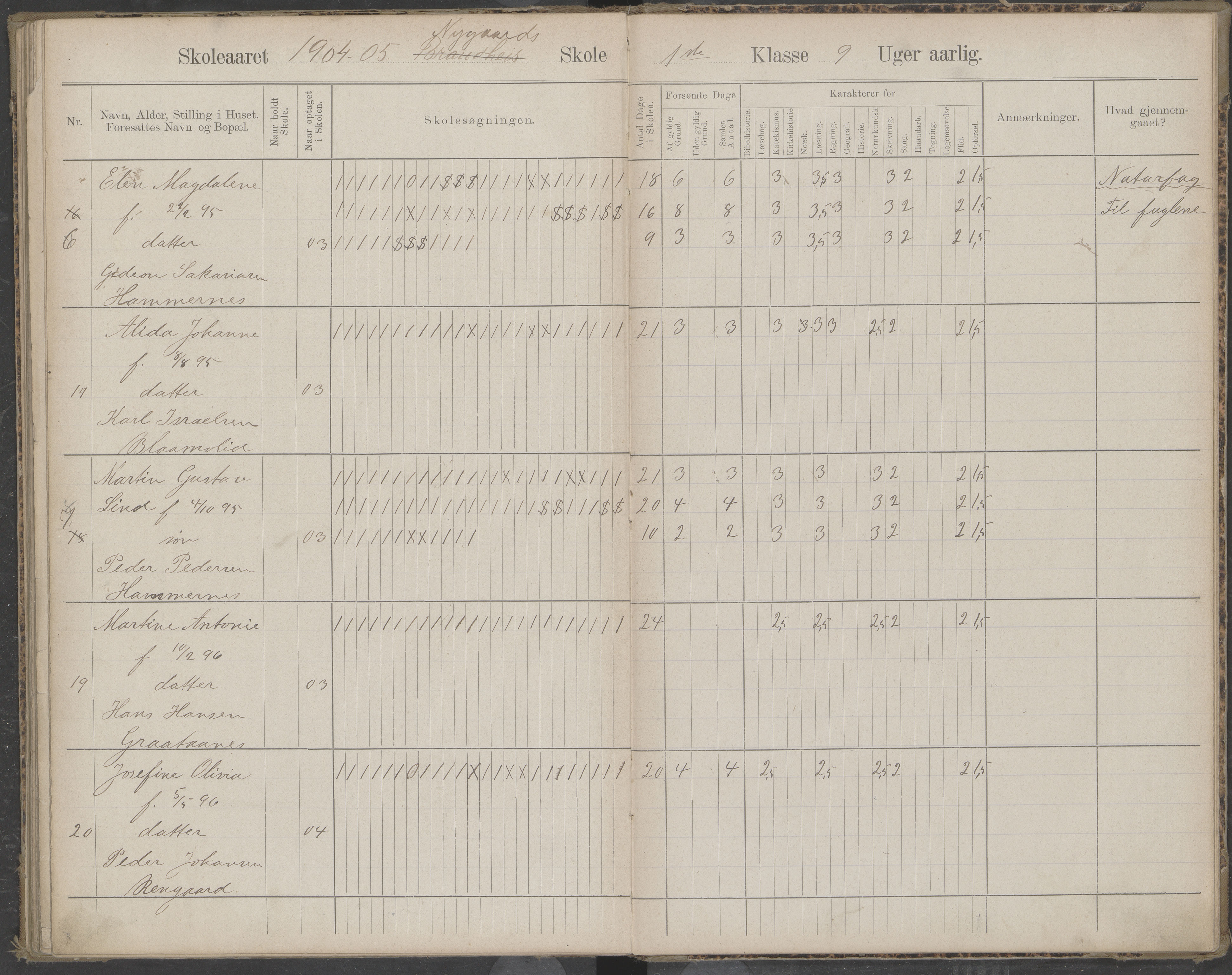 Beiarn kommune. Brandhei skolekrets, AIN/K-18390.510.03/442/L0003: Karakter/oversiktsprotokoll, 1893-1910