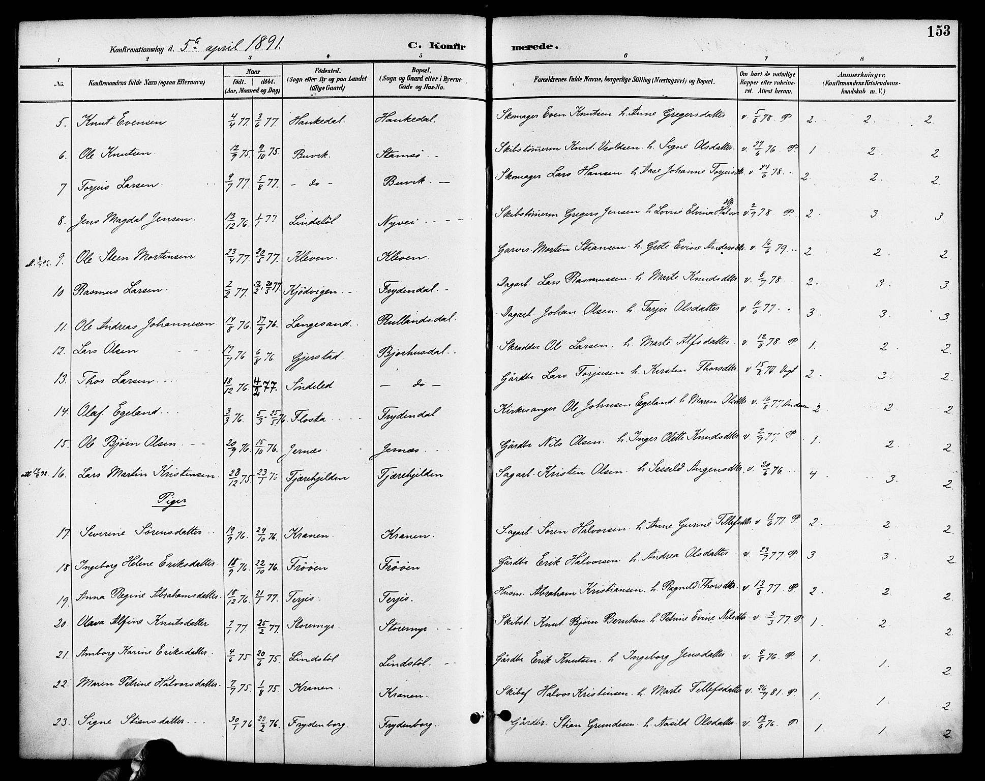 Søndeled sokneprestkontor, SAK/1111-0038/F/Fa/L0005: Parish register (official) no. A 5, 1889-1899, p. 153