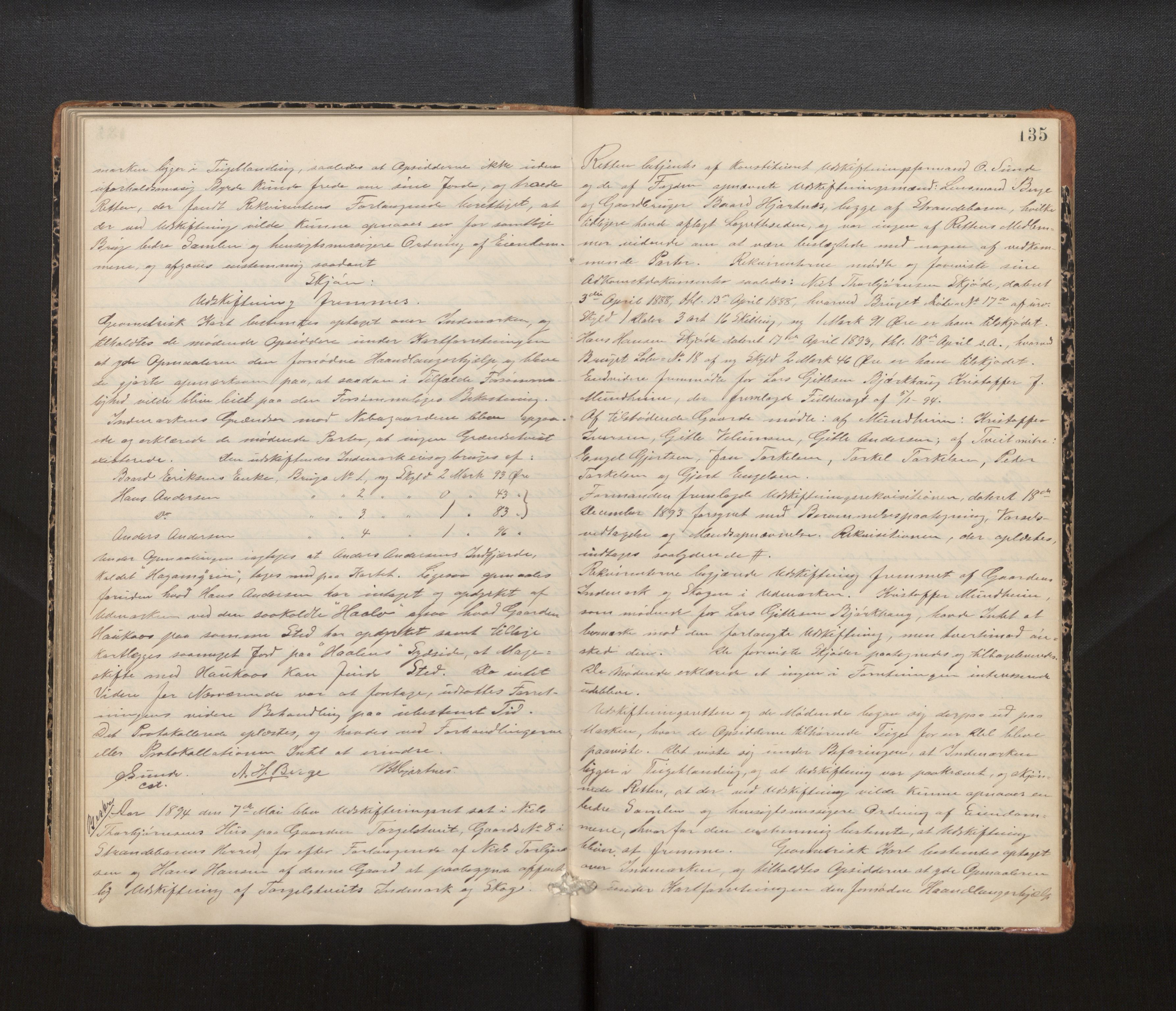 Hordaland jordskiftedøme - IV Hardanger jordskiftedistrikt, AV/SAB-A-7101/A/Aa/L0013: Forhandlingsprotokoll, 1890-1894, p. 134b-135a