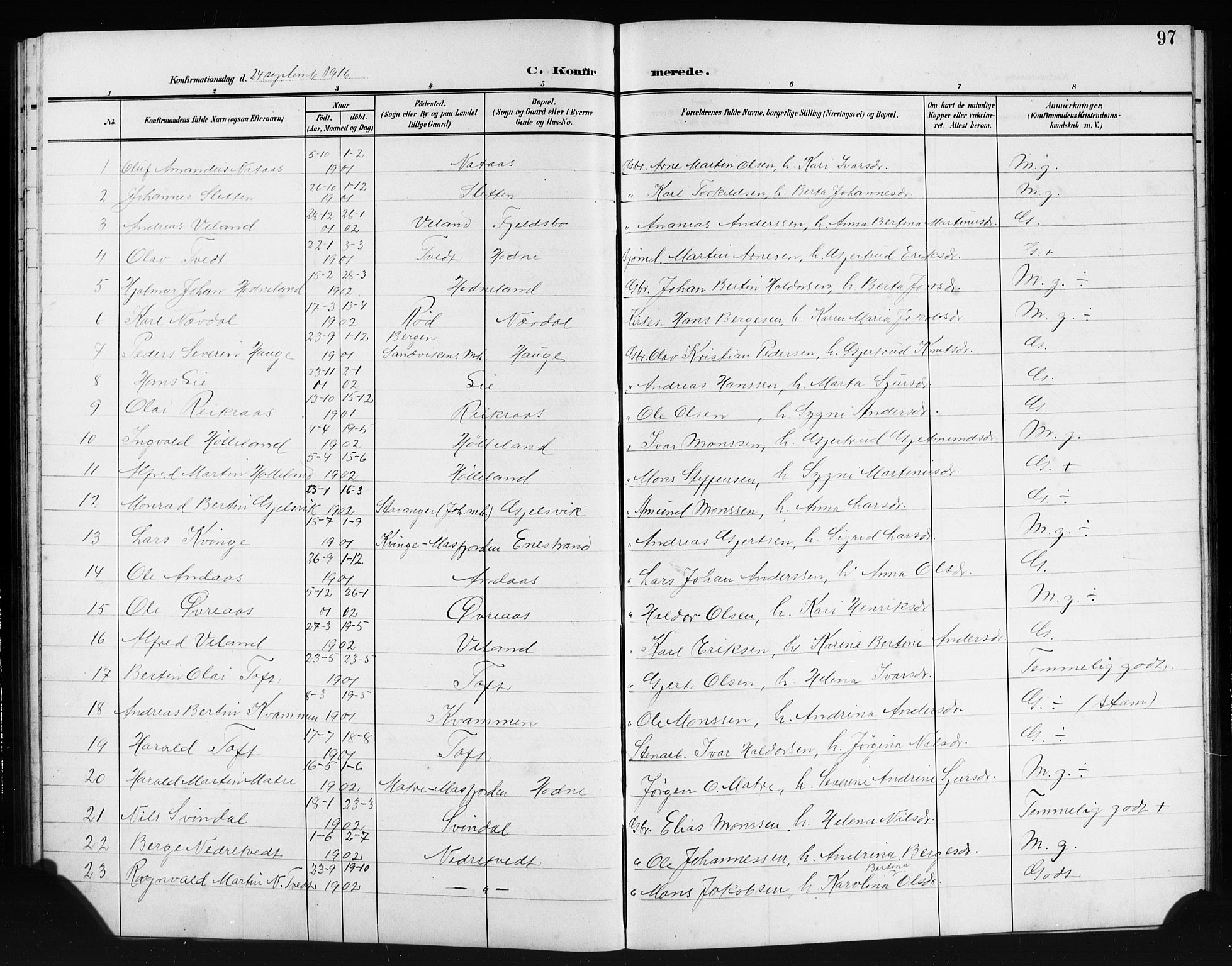 Lindås Sokneprestembete, AV/SAB-A-76701/H/Hab/Habe/L0004: Parish register (copy) no. E 4, 1906-1921, p. 97