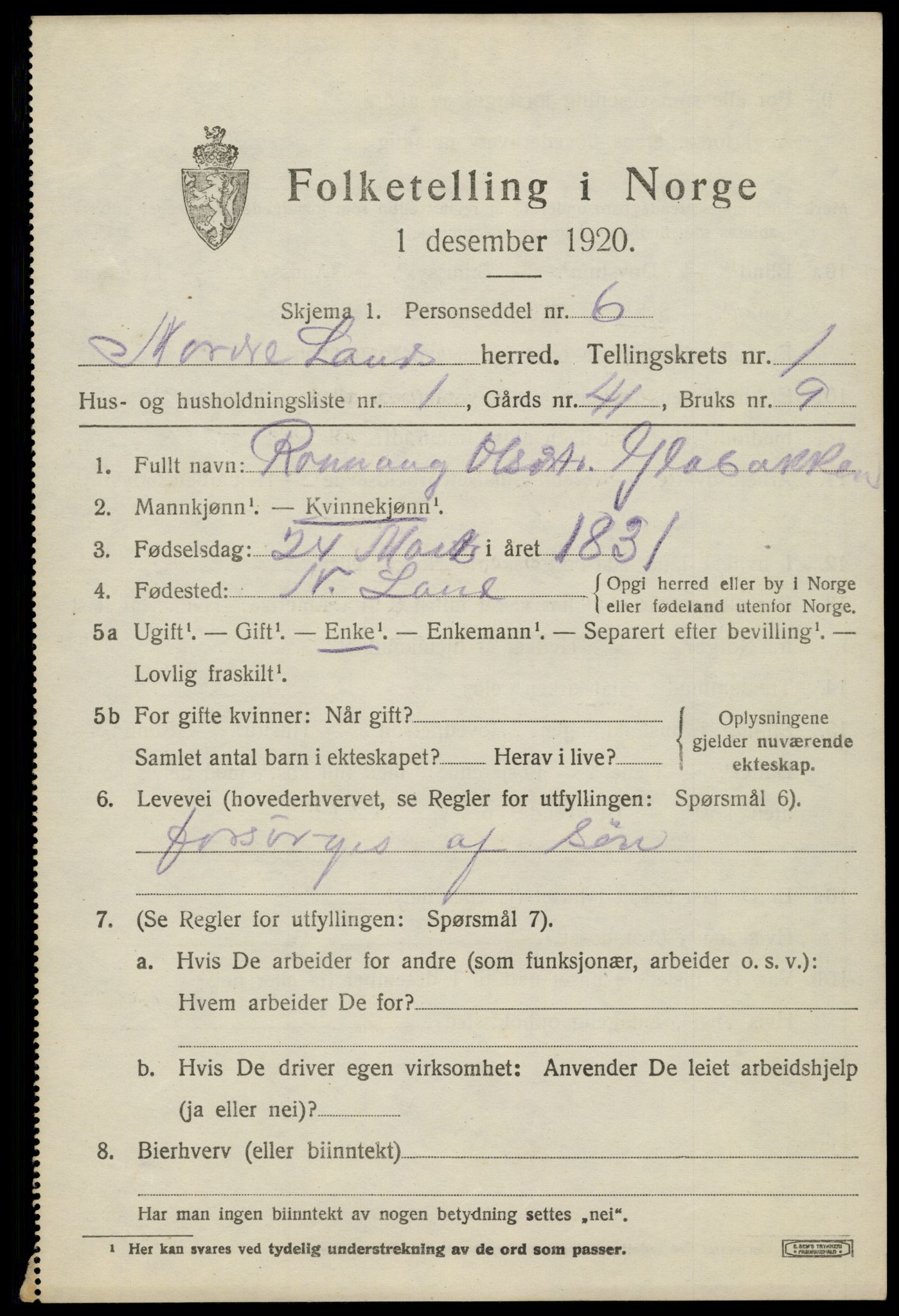 SAH, 1920 census for Nordre Land, 1920, p. 3708