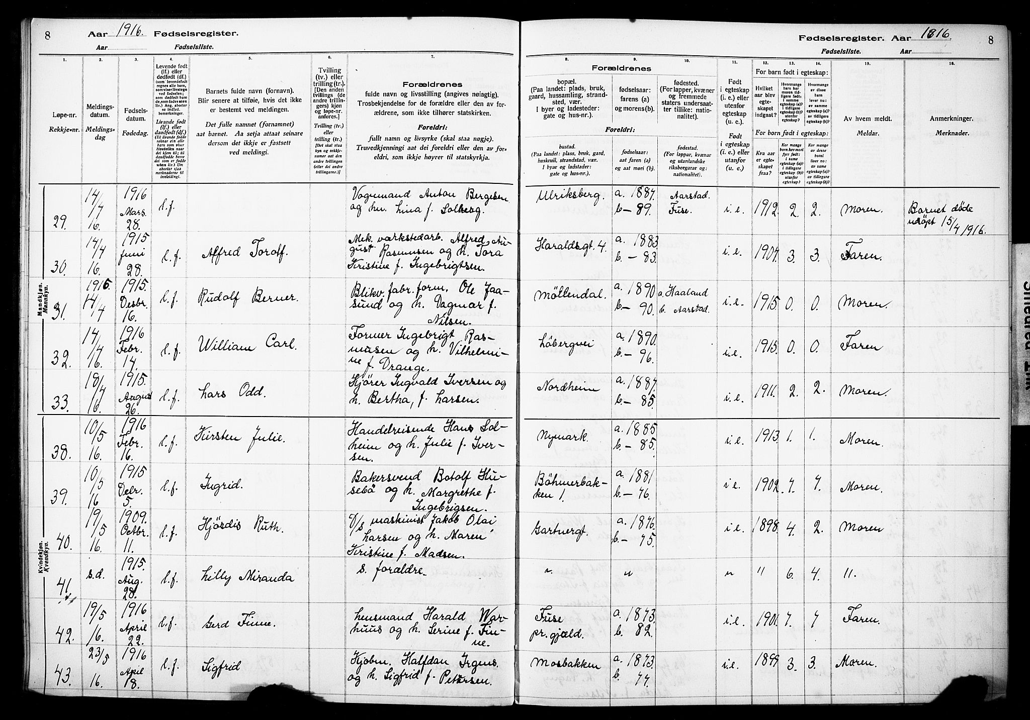 Årstad Sokneprestembete, AV/SAB-A-79301/I/Id/L0A01: Birth register no. A 1, 1916-1920, p. 8