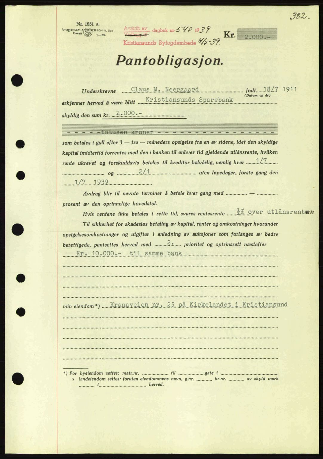 Kristiansund byfogd, SAT/A-4587/A/27: Mortgage book no. 31, 1938-1939, Diary no: : 540/1939
