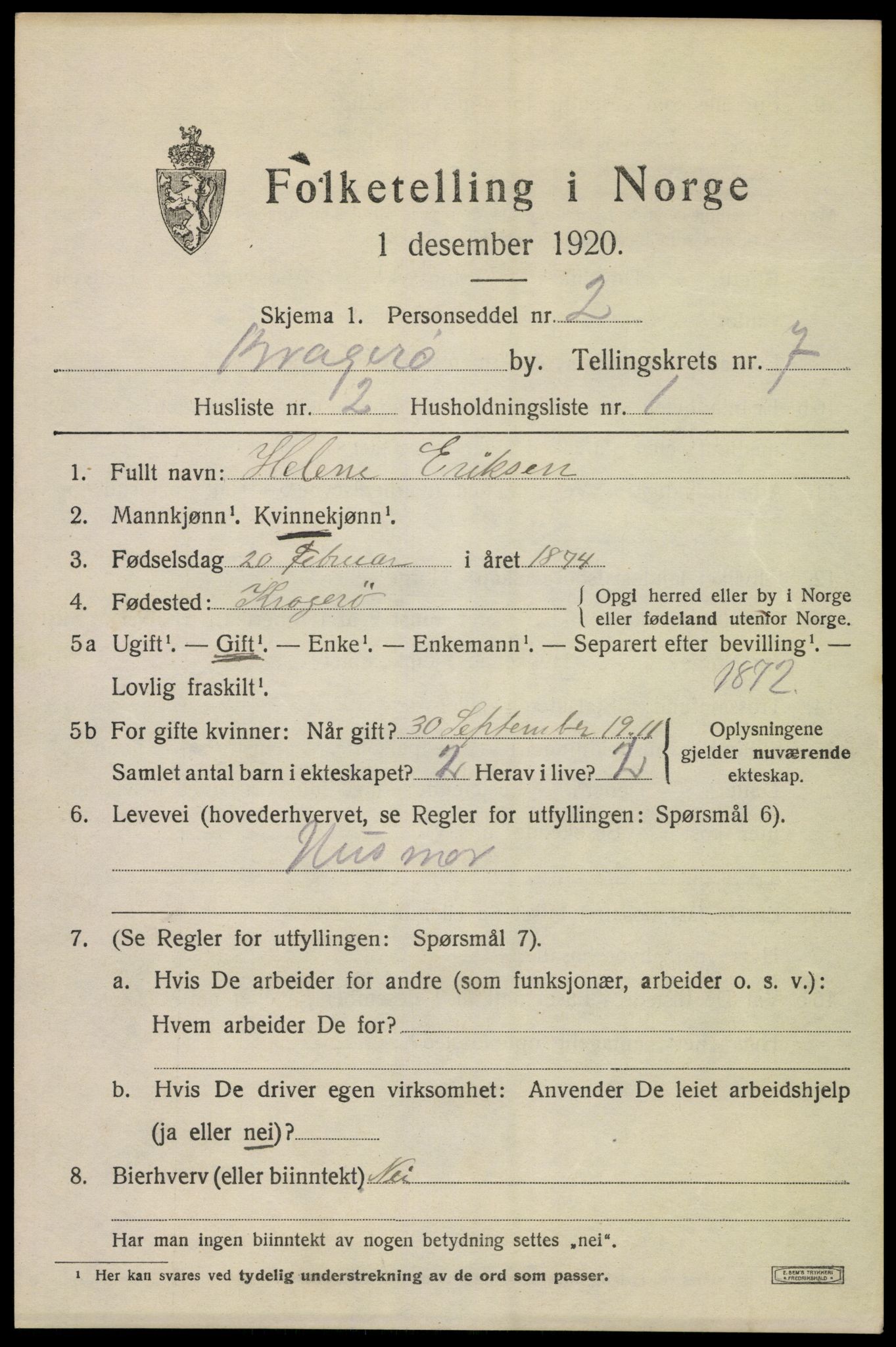 SAKO, 1920 census for Kragerø, 1920, p. 9733
