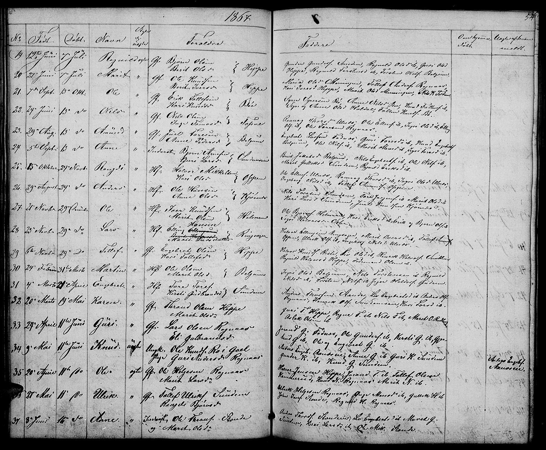 Nord-Aurdal prestekontor, SAH/PREST-132/H/Ha/Hab/L0004: Parish register (copy) no. 4, 1842-1882, p. 54