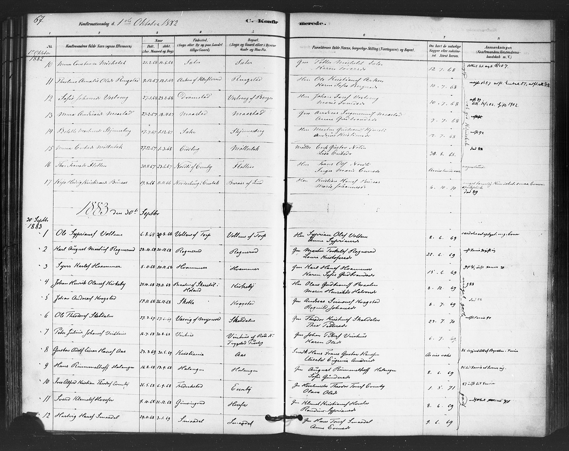 Trøgstad prestekontor Kirkebøker, SAO/A-10925/F/Fb/L0001: Parish register (official) no. II 1, 1878-1902, p. 67