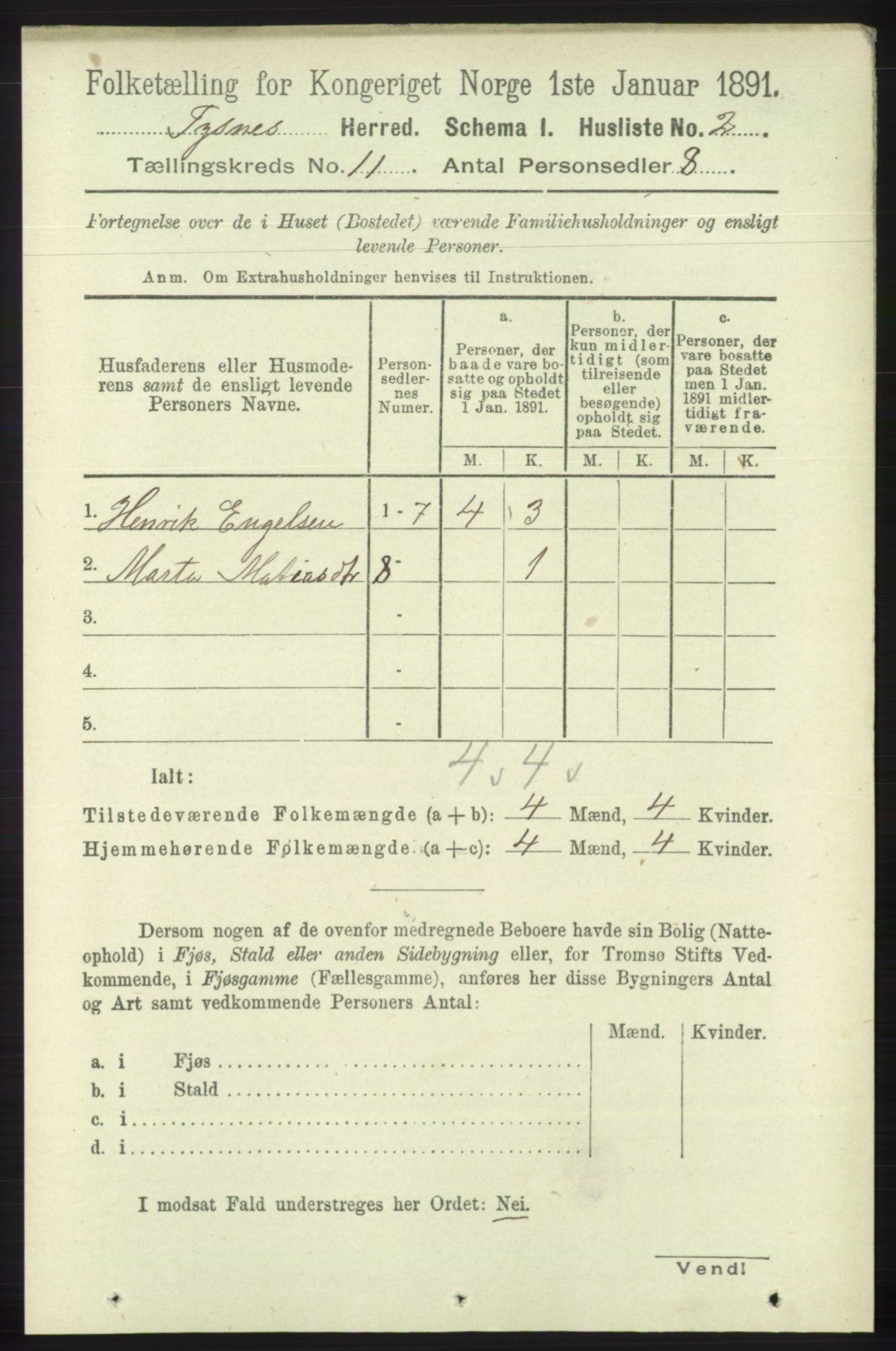 RA, 1891 census for 1223 Tysnes, 1891, p. 5306