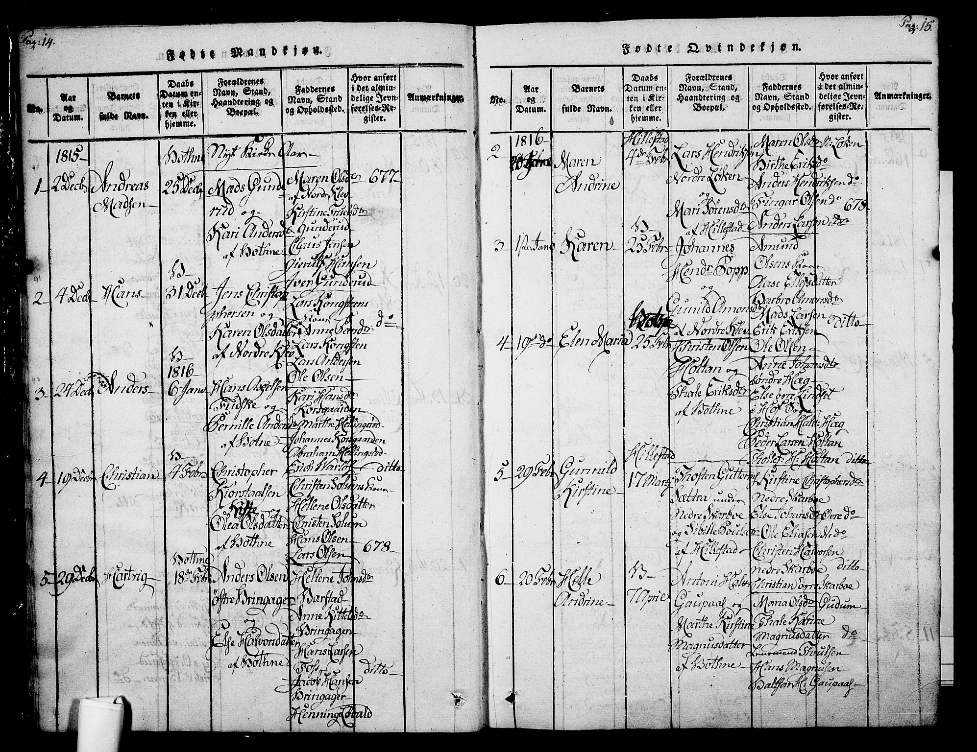 Botne kirkebøker, AV/SAKO-A-340/F/Fa/L0005: Parish register (official) no. I 5, 1814-1836, p. 14-15