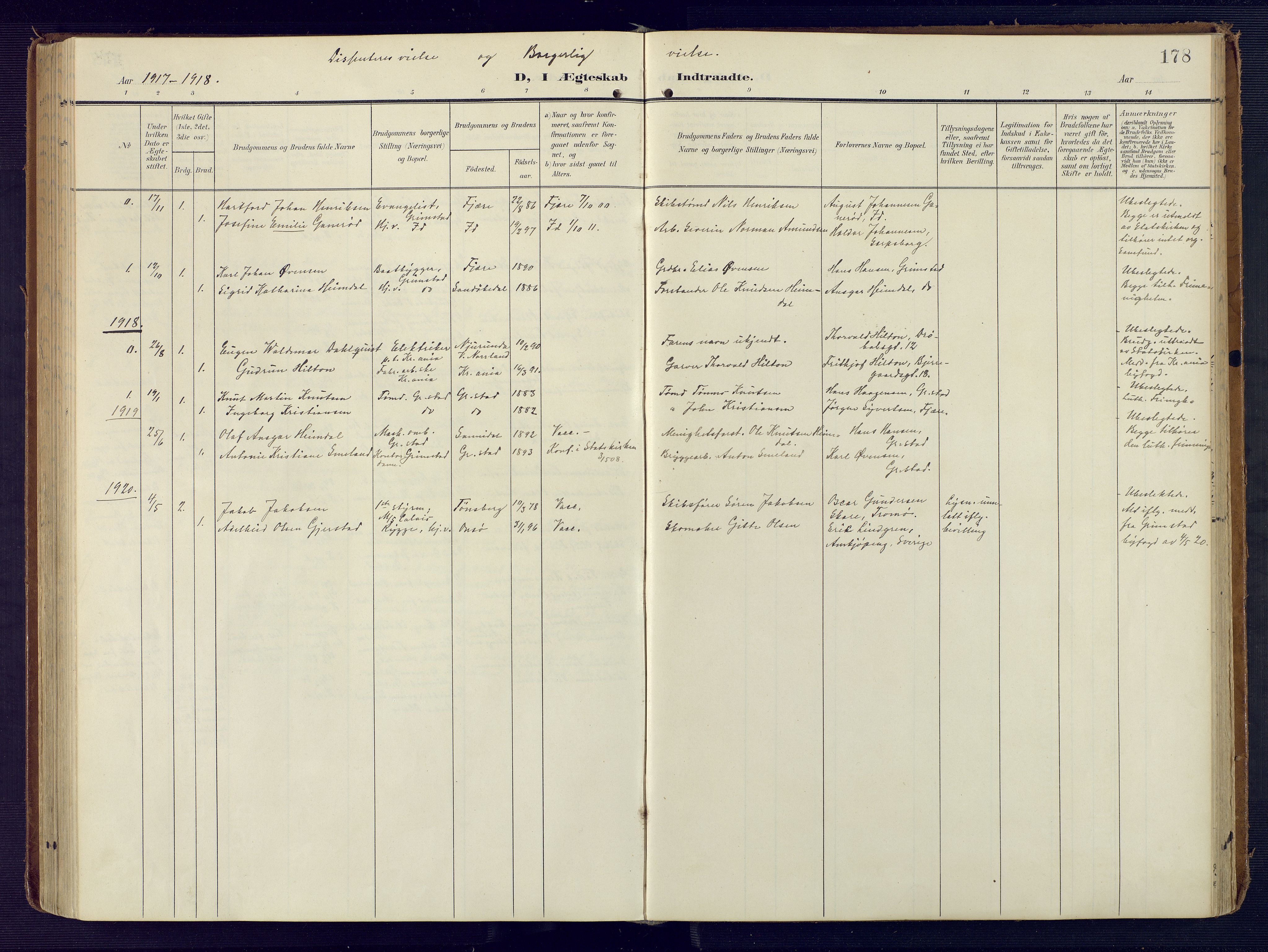 Grimstad sokneprestkontor, SAK/1111-0017/F/Fa/L0005: Parish register (official) no. A 4, 1911-1924, p. 178