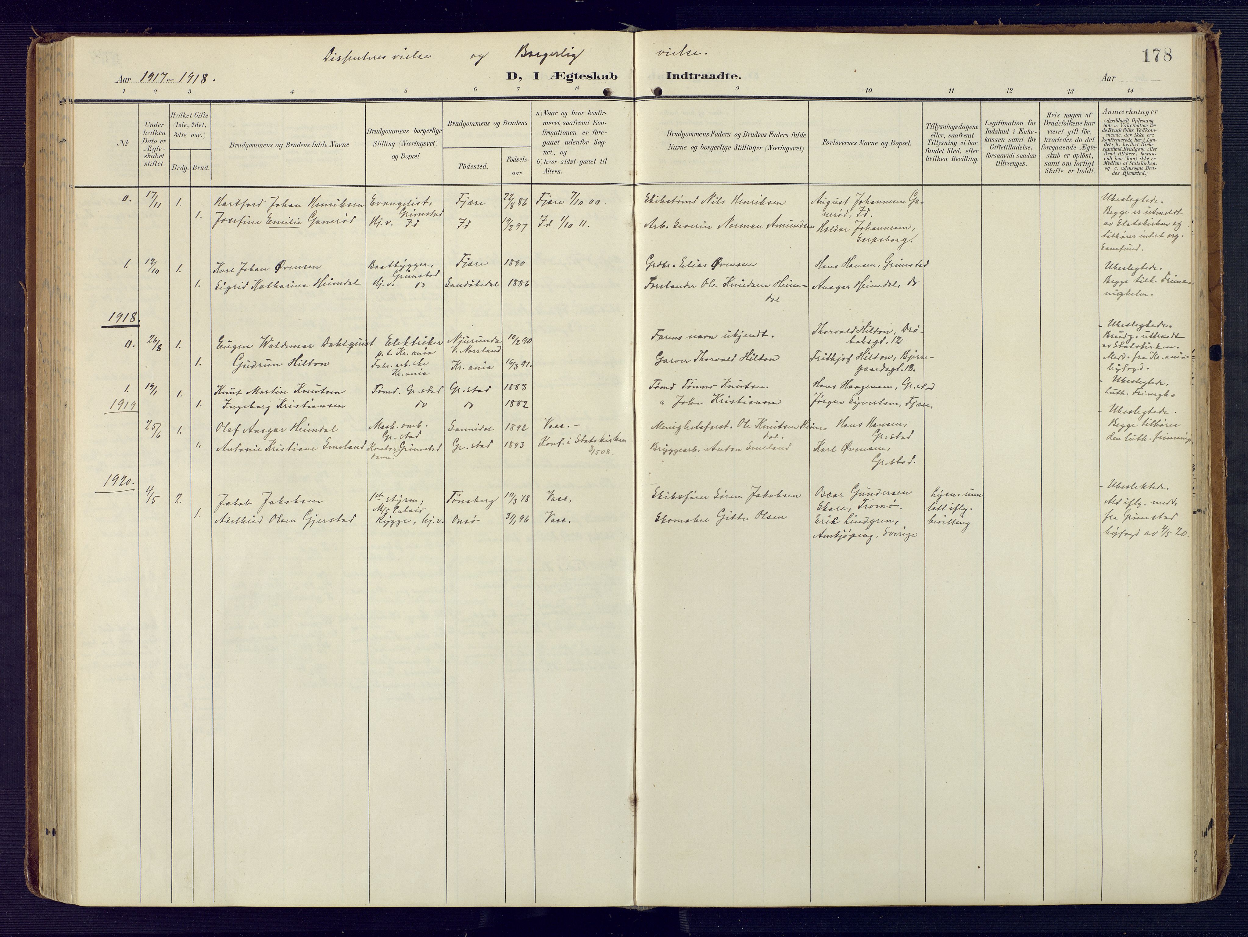 Grimstad sokneprestkontor, AV/SAK-1111-0017/F/Fa/L0005: Parish register (official) no. A 4, 1911-1924, p. 178