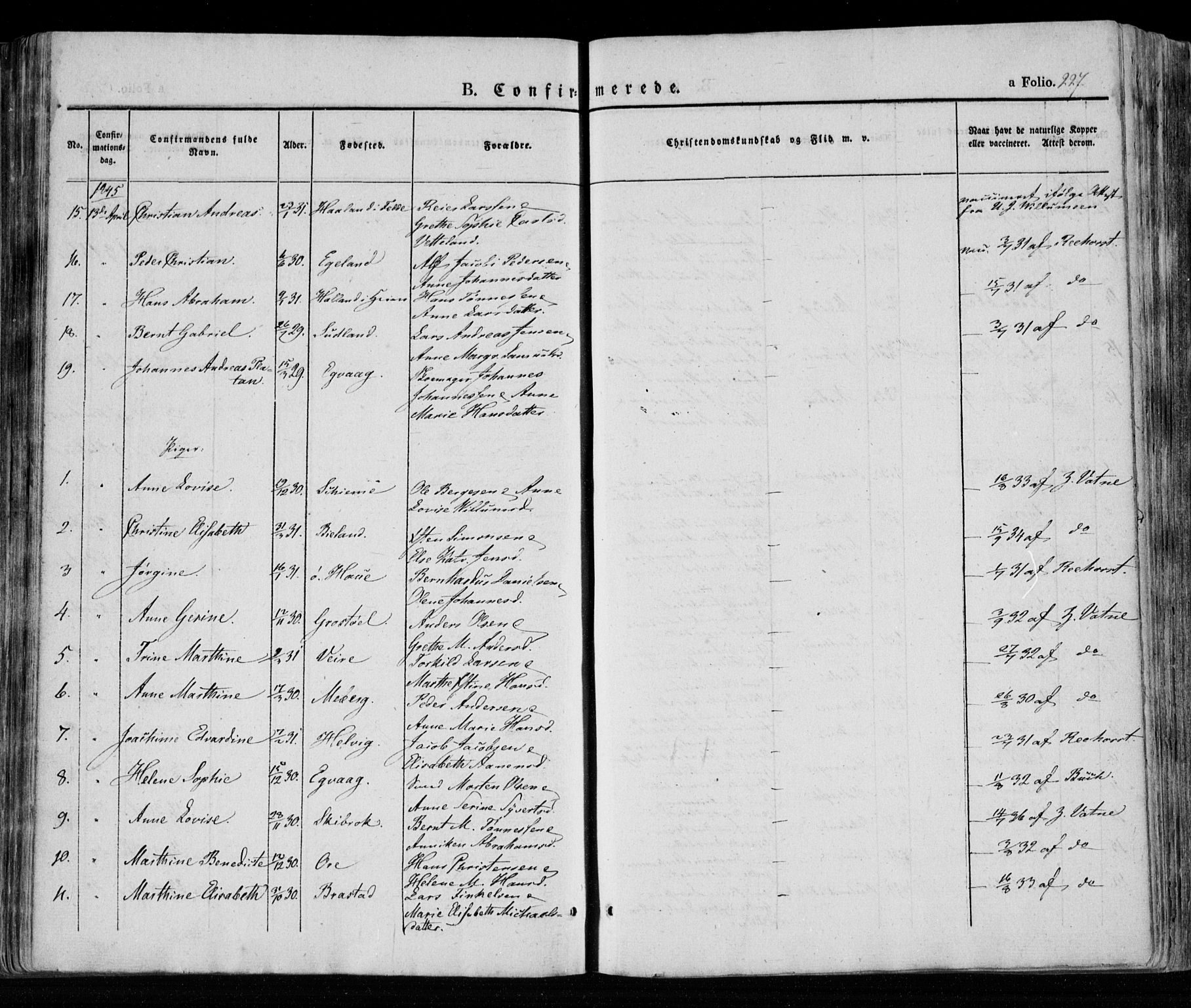 Lista sokneprestkontor, AV/SAK-1111-0027/F/Fa/L0009: Parish register (official) no. A 9, 1835-1846, p. 227