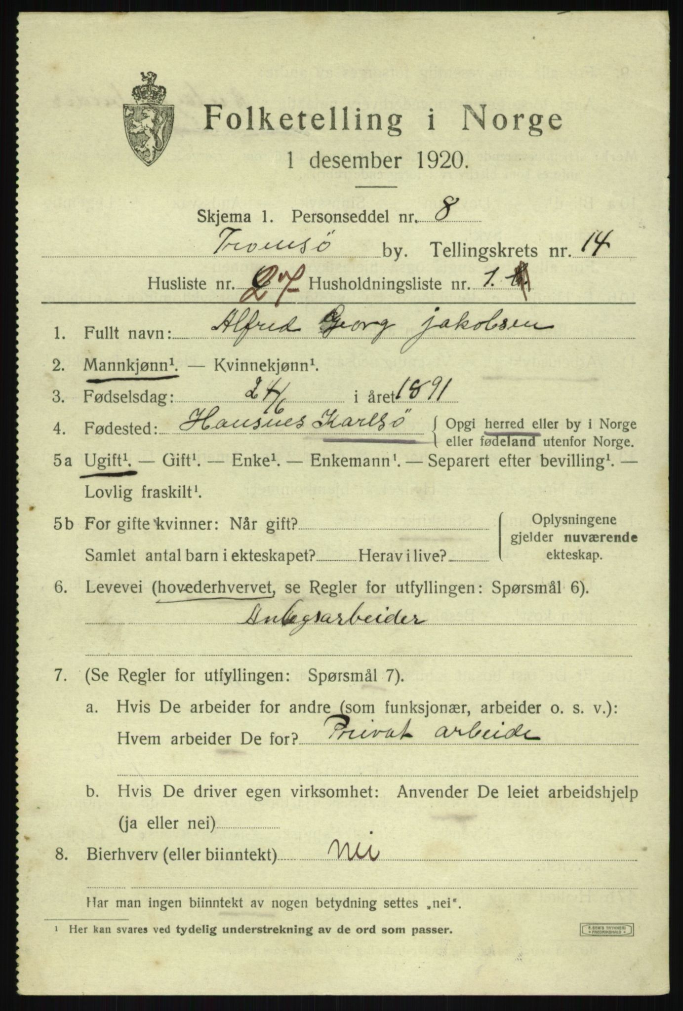SATØ, 1920 census for Tromsø, 1920, p. 26861