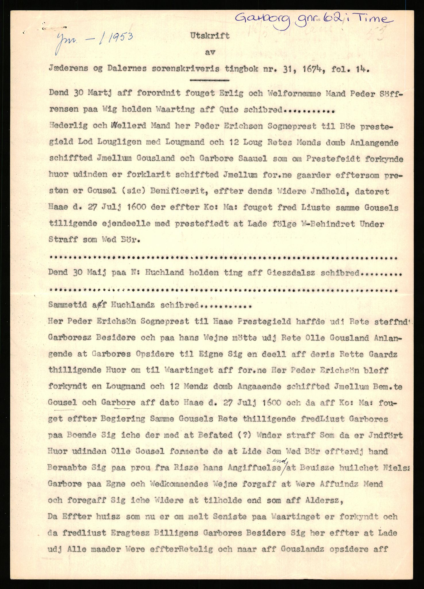 Statsarkivet i Stavanger, AV/SAST-A-101971/03/Y/Yj/L0024: Avskrifter sortert etter gårdsnavn: Fæøen - Garborg, 1750-1930, p. 765