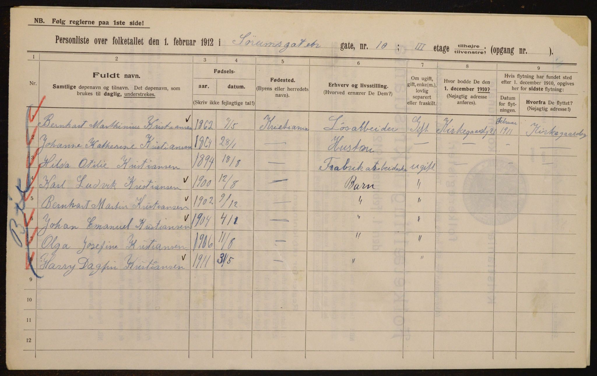 OBA, Municipal Census 1912 for Kristiania, 1912, p. 107066