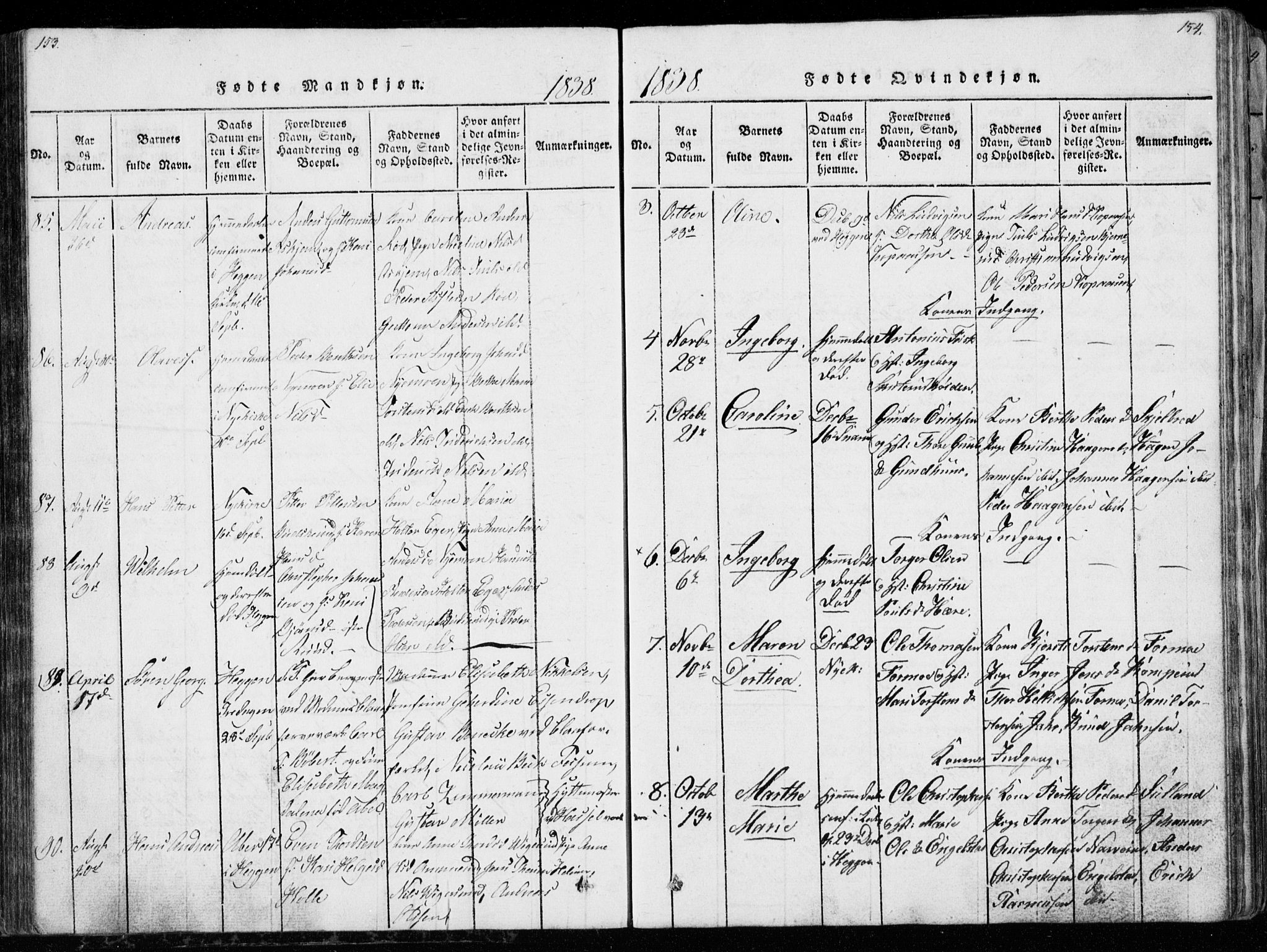 Modum kirkebøker, AV/SAKO-A-234/G/Ga/L0003: Parish register (copy) no. I 3, 1832-1842, p. 153-154