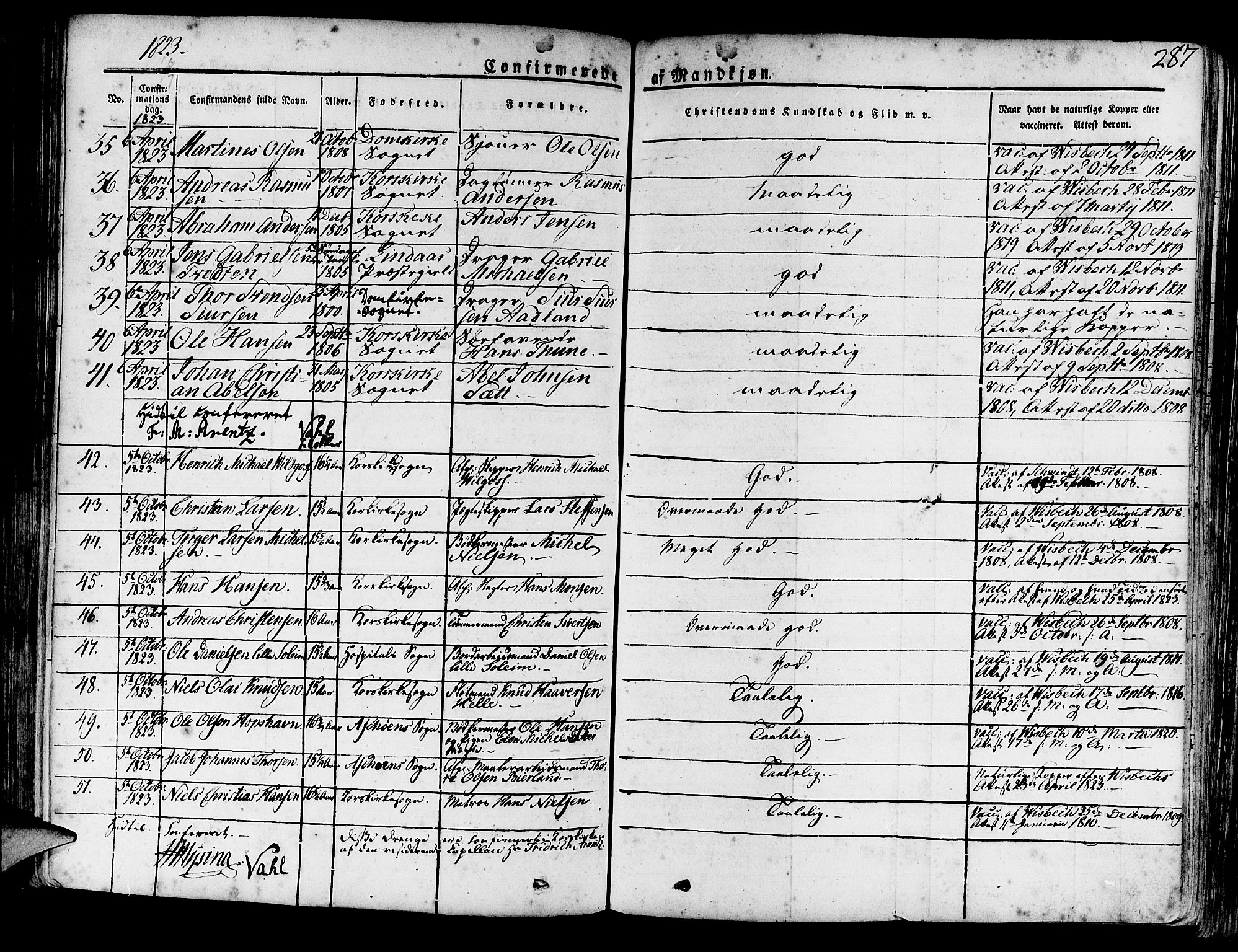 Korskirken sokneprestembete, AV/SAB-A-76101/H/Haa/L0014: Parish register (official) no. A 14, 1823-1835, p. 287