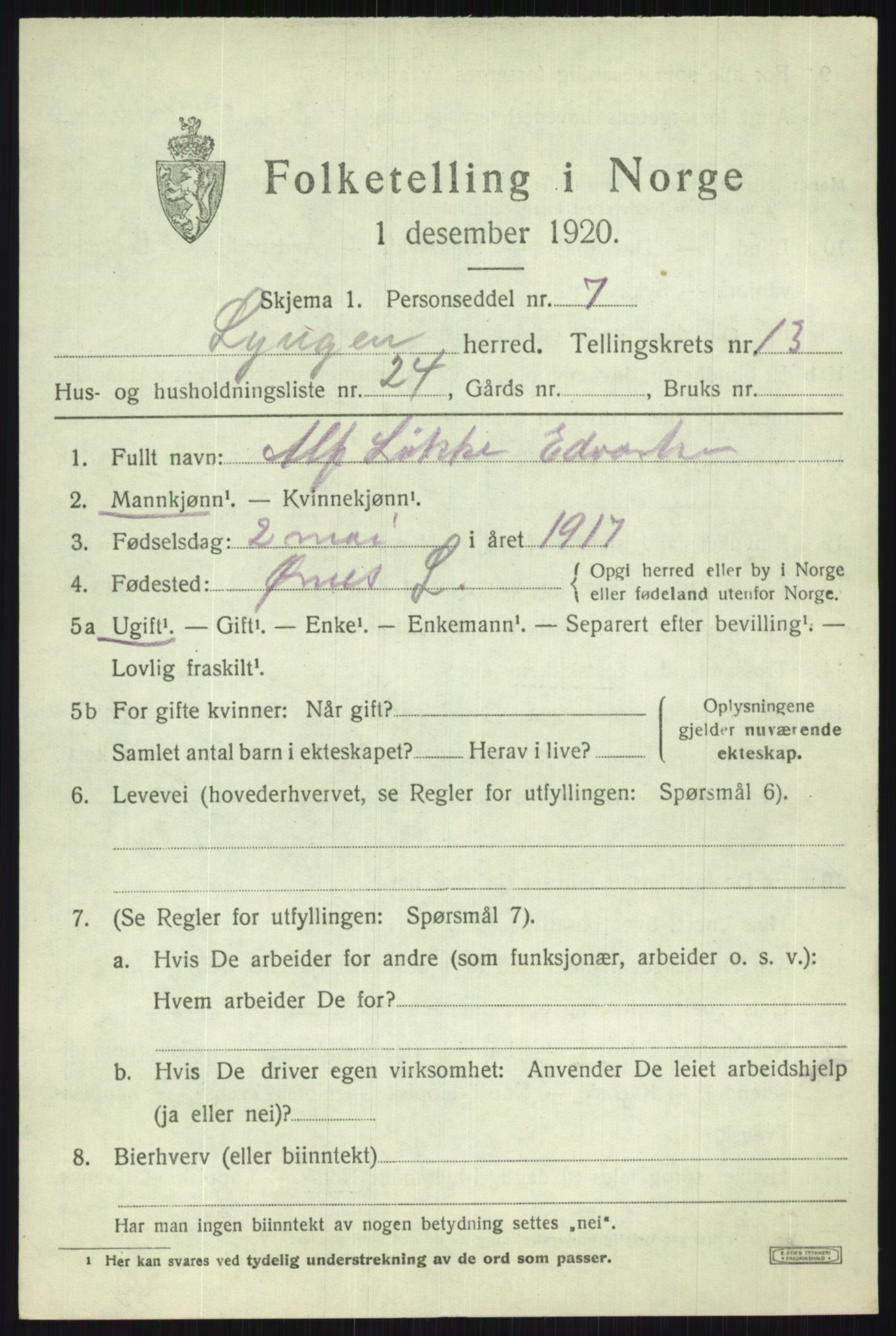 SATØ, 1920 census for Lyngen, 1920, p. 10381