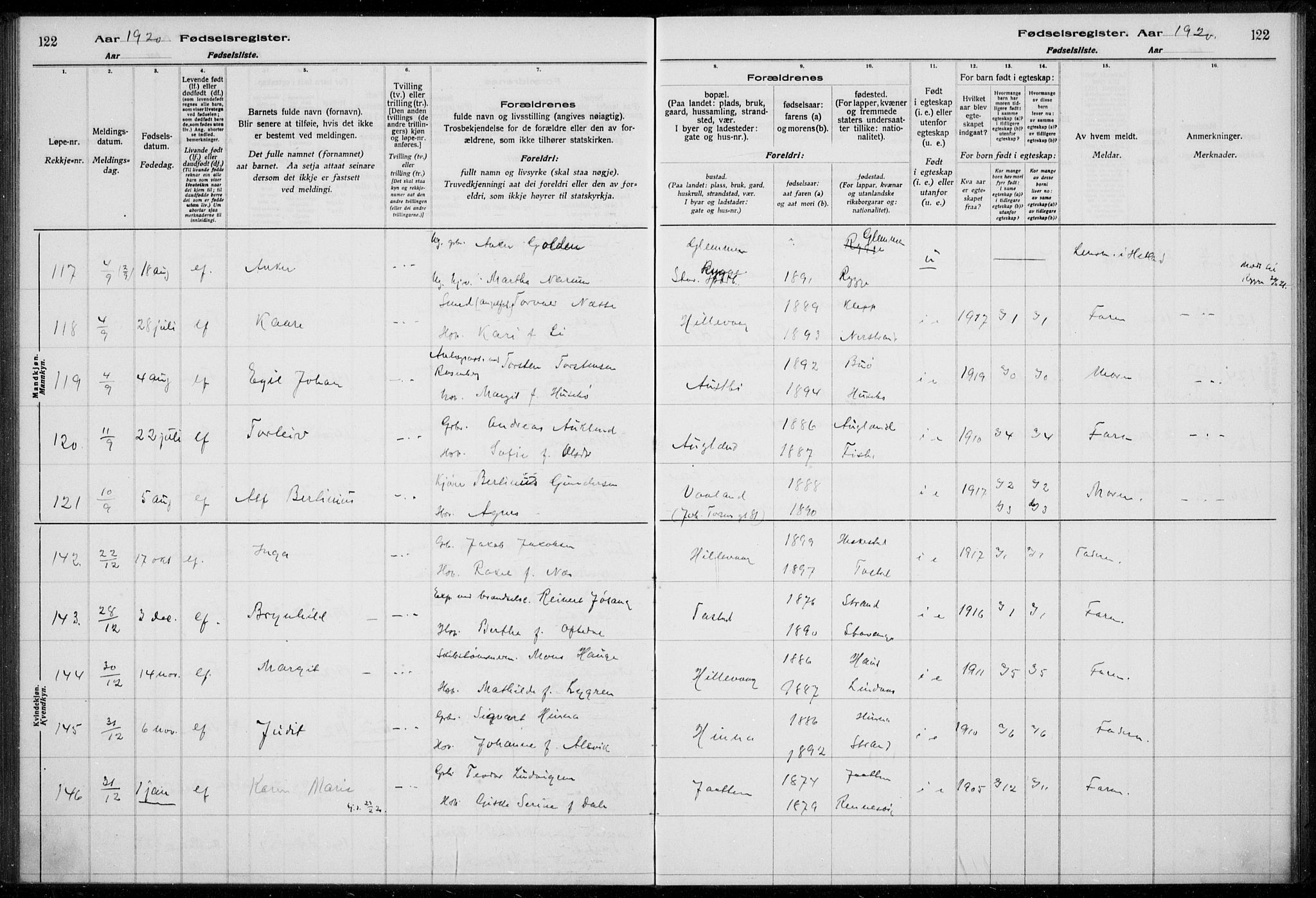 Hetland sokneprestkontor, AV/SAST-A-101826/70/704BA/L0003: Birth register no. 1, 1916-1923, p. 122