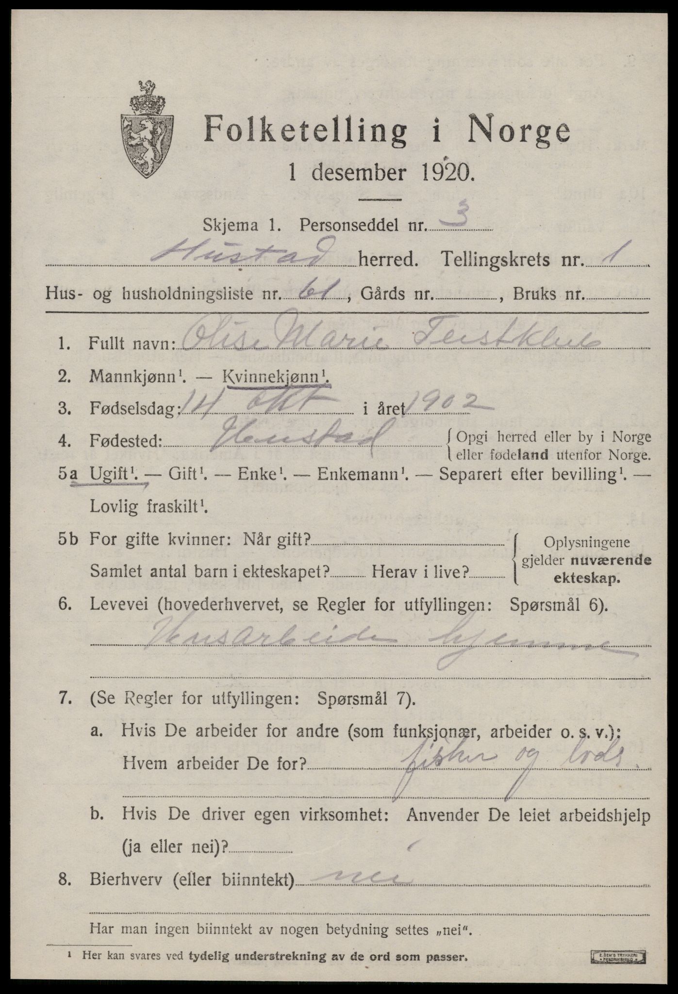 SAT, 1920 census for Hustad, 1920, p. 1503