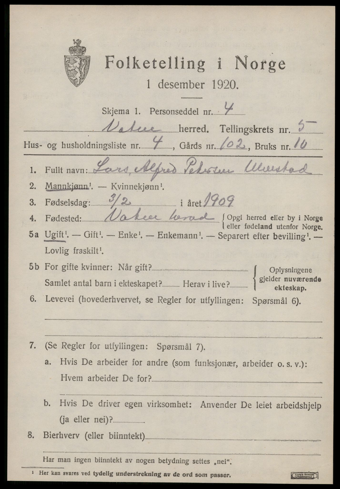 SAT, 1920 census for Vatne, 1920, p. 2198