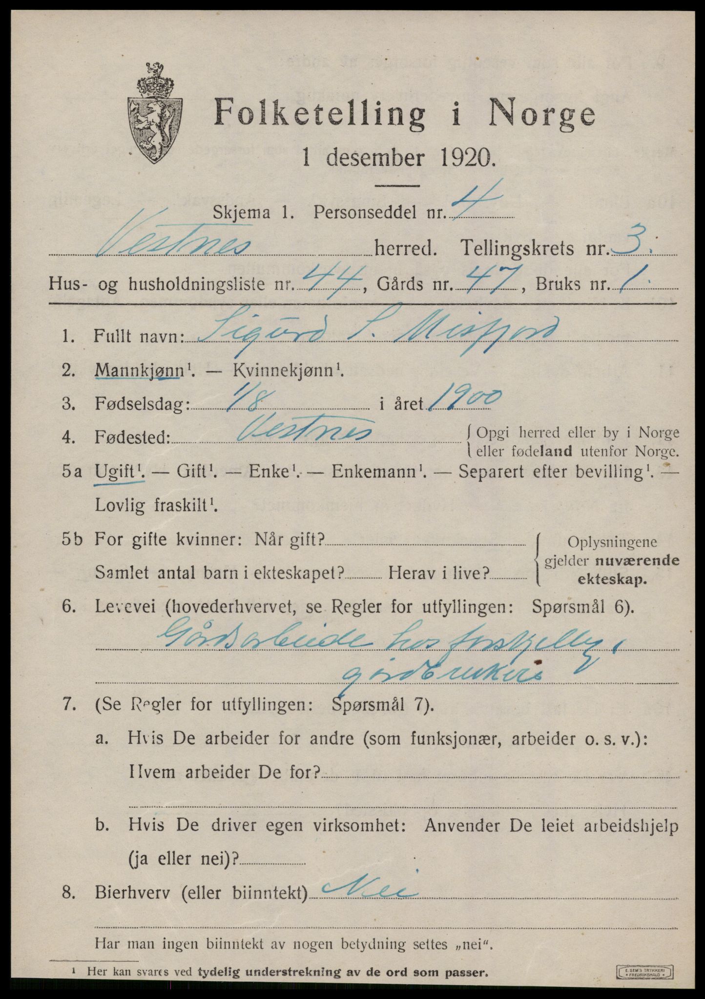 SAT, 1920 census for Vestnes, 1920, p. 3127