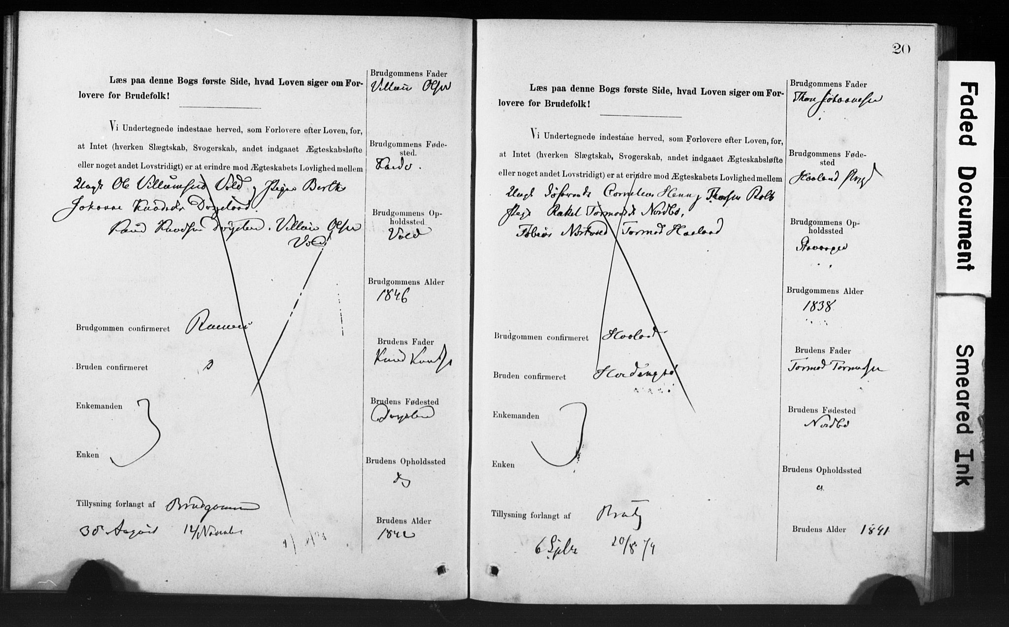 Rennesøy sokneprestkontor, AV/SAST-A -101827/I/Ie/L0001: Banns register no. 1, 1873-1898, p. 20