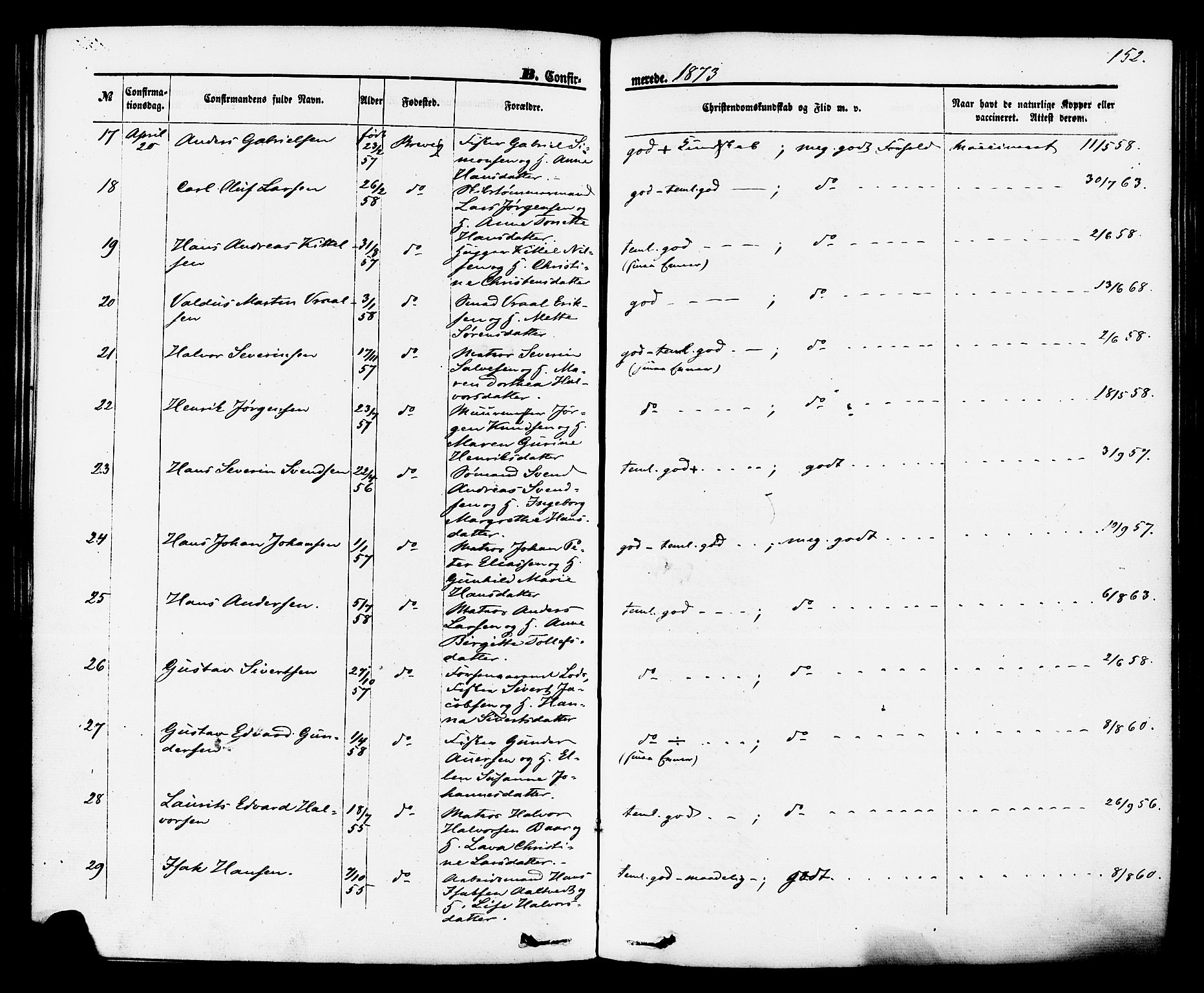 Brevik kirkebøker, SAKO/A-255/F/Fa/L0006: Parish register (official) no. 6, 1866-1881, p. 152