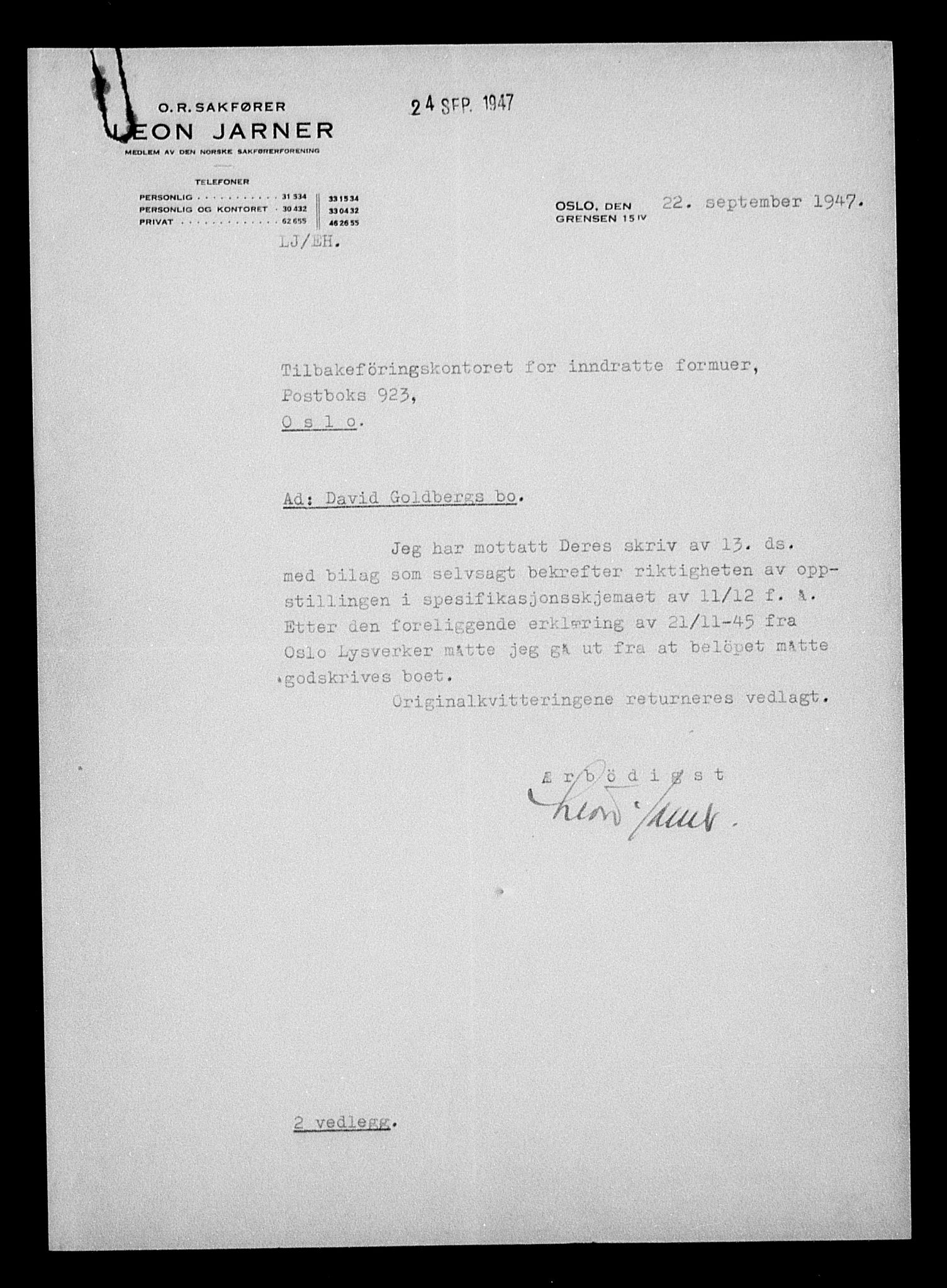 Justisdepartementet, Tilbakeføringskontoret for inndratte formuer, AV/RA-S-1564/H/Hc/Hcc/L0939: --, 1945-1947, p. 15