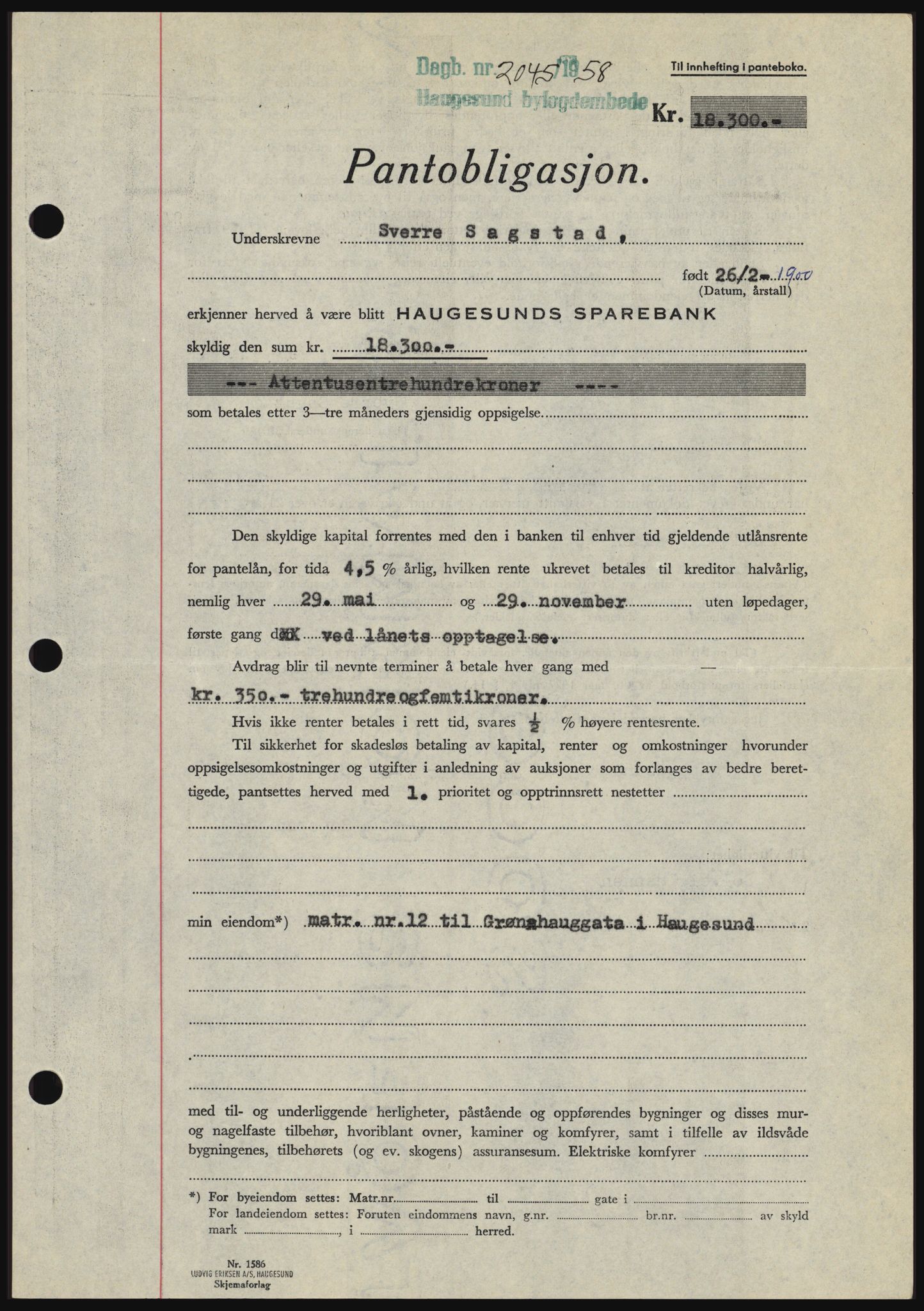 Haugesund tingrett, SAST/A-101415/01/II/IIC/L0044: Mortgage book no. B 44, 1958-1959, Diary no: : 2045/1958