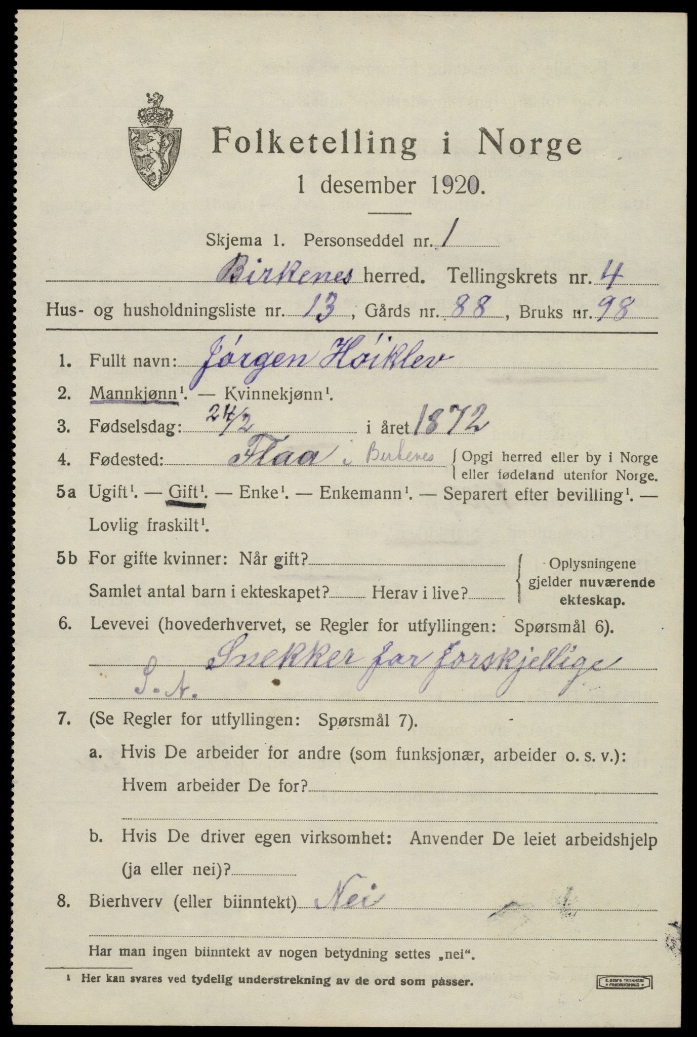 SAK, 1920 census for Birkenes, 1920, p. 1919