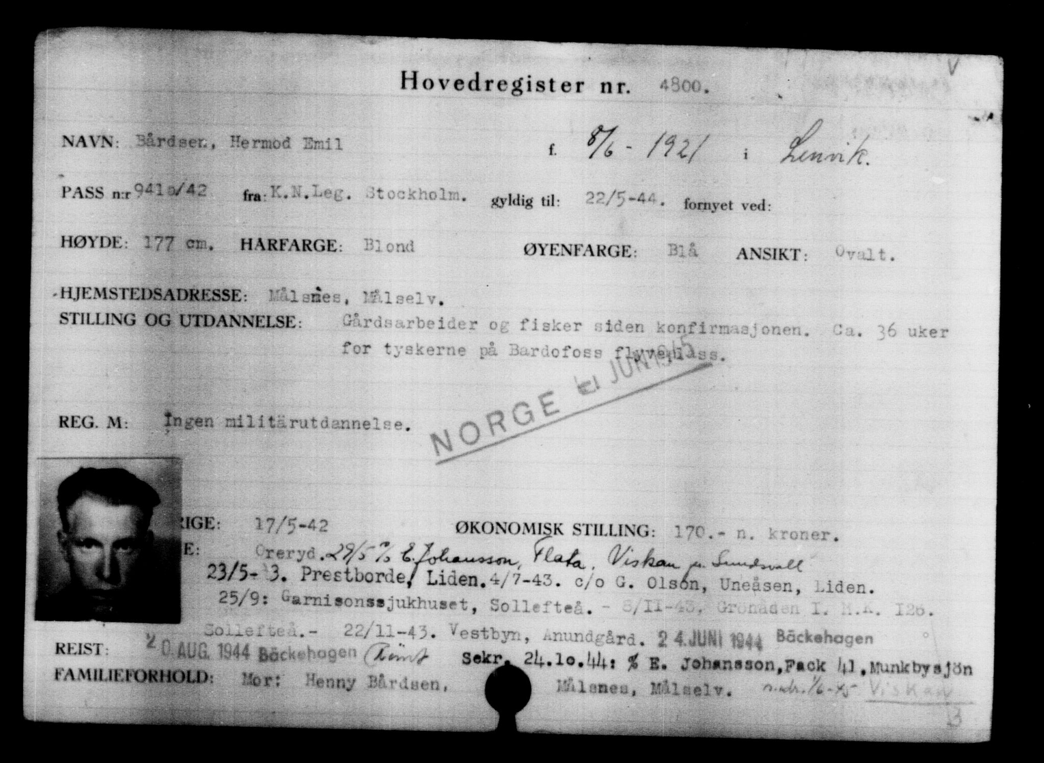 Utenriksstasjonene, Legasjonen i Stockholm, Flyktningkontoret, AV/RA-S-6753/V/Va/L0004: Kjesäterkartoteket, flyktninger med registreringsnr. 3496-6610, 1940-1945, p. 1542